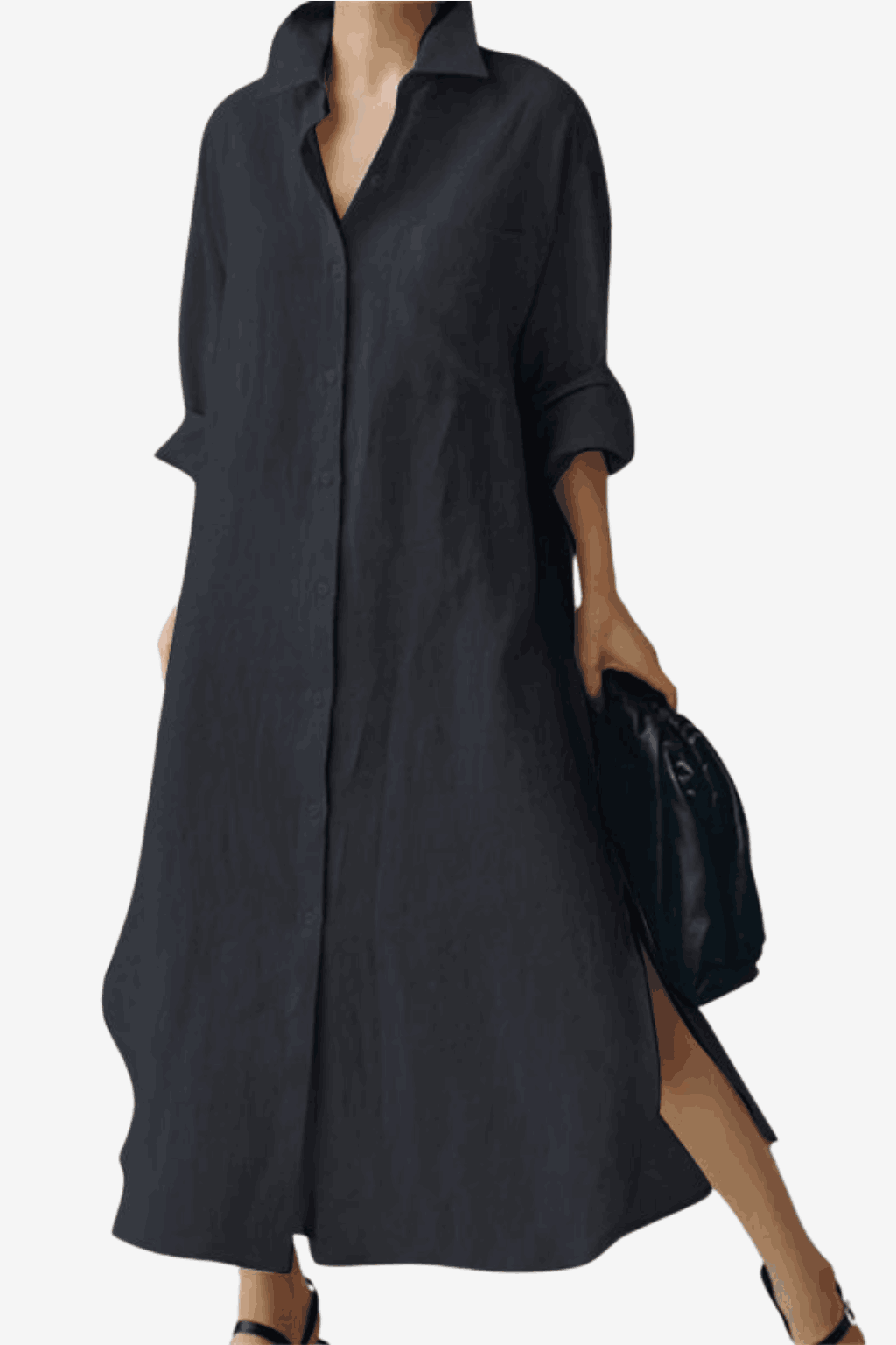 Women's Linen Blend Shirt Dress - Button-Down Long Sleeve Casual Fit