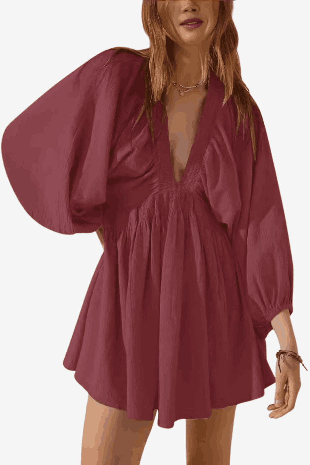 Women's Cotton Linen Short Dress - V-Neck Long Sleeve Relaxed Fit