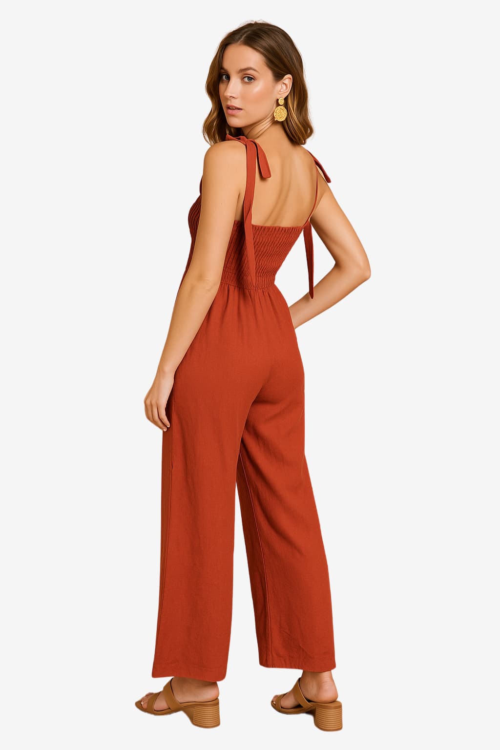 Women's Cotton Linen Wide-Leg Jumpsuit - Sleeveless Relaxed Fit with Elastic Waist