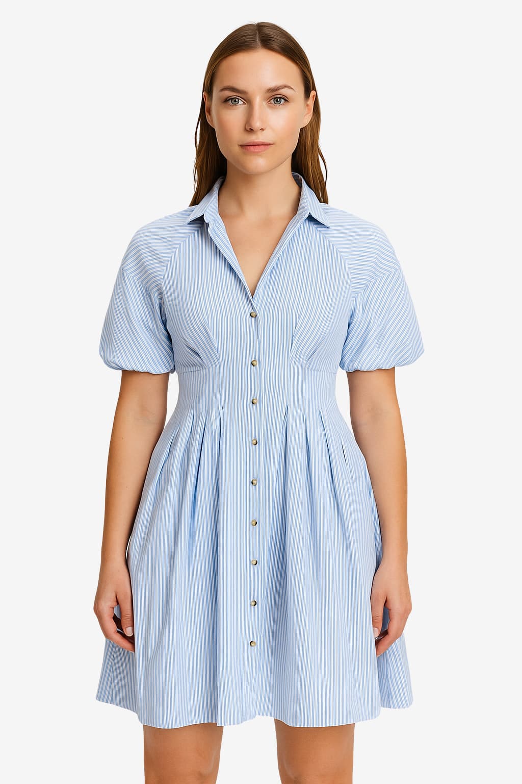 Women's Blue Striped Short Sleeve Fitted Shirt Mini Dress