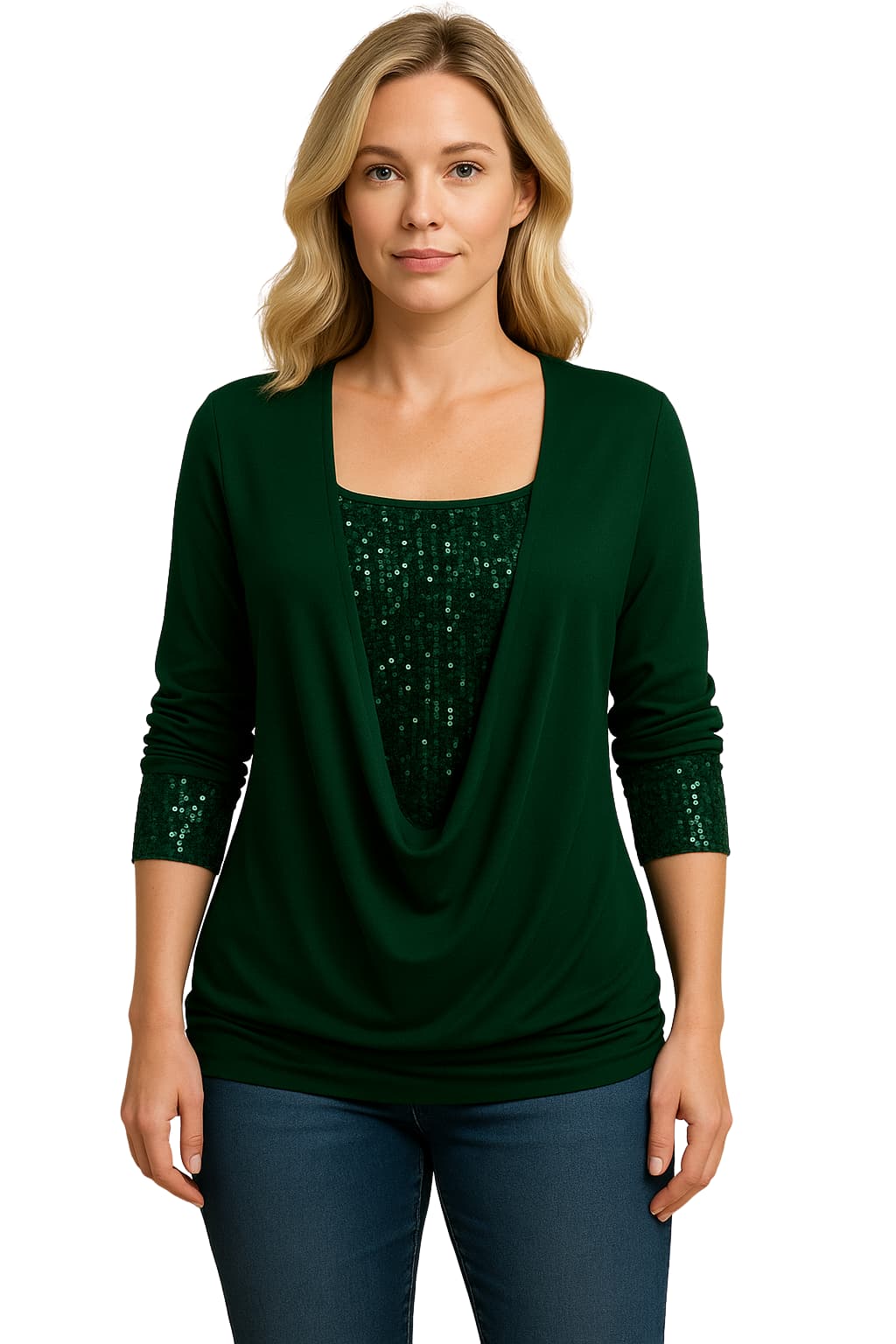 Women's Elegant Sleeve Draped Neckline Sequin Blouse