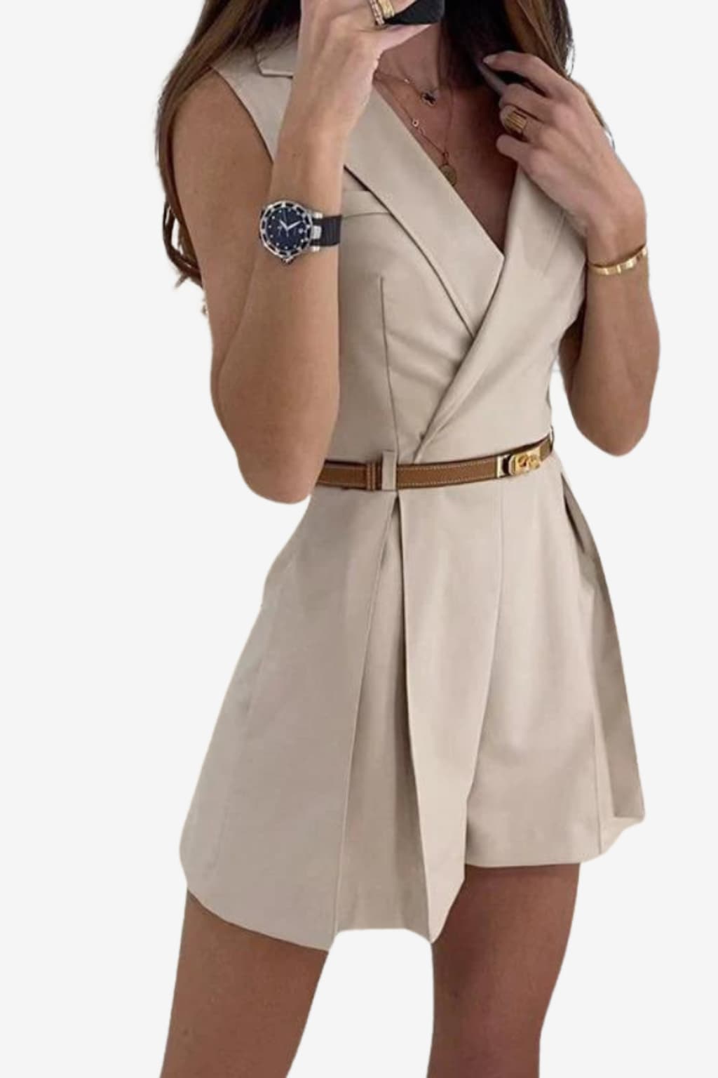 Women’s Sleeveless Belted Jumpsuit V-Neck Summer Fit