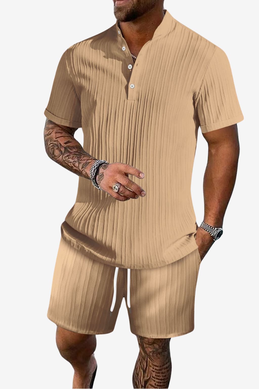 Men’s Ribbed Polo Shirt and Shorts Set Summer Casual