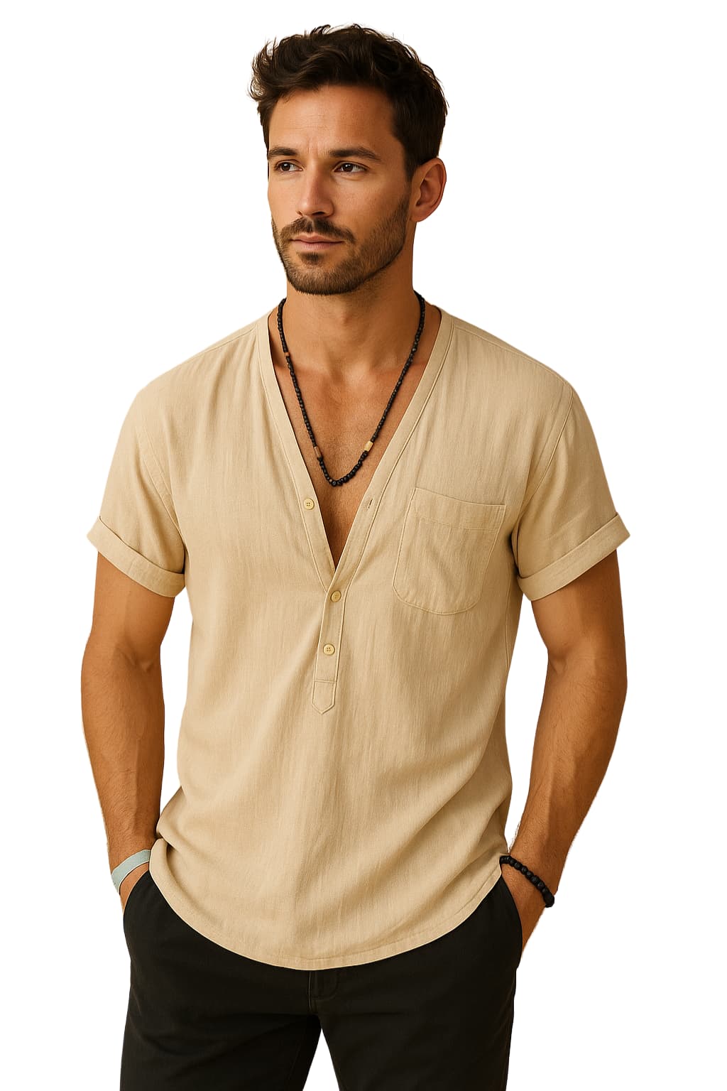 Men’s Linen Blend V-Neck Short Sleeve Summer Shirt