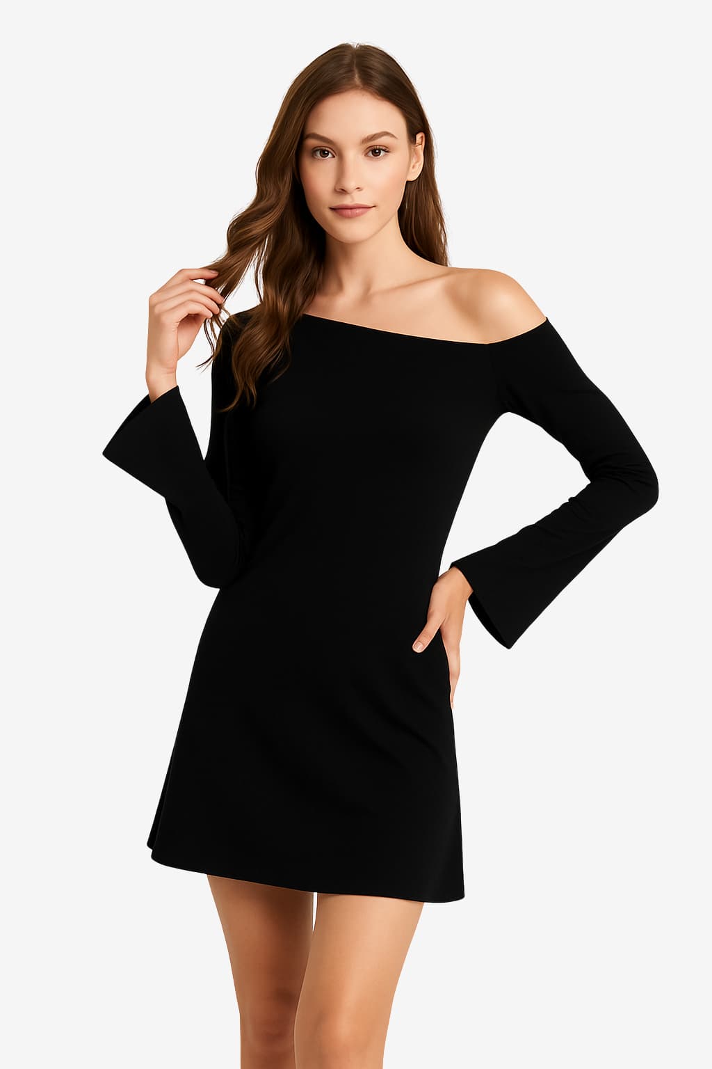 Women's One-Shoulder Mini Dress with Long Bell Sleeves and Bow