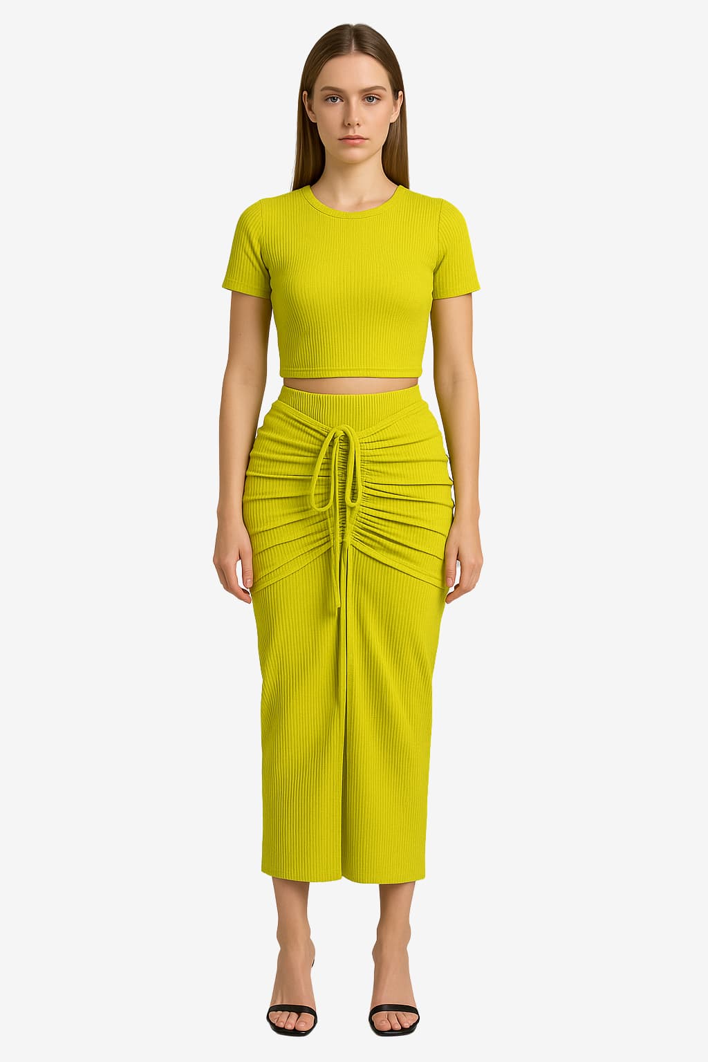 Women's Chartreuse Ribbed Crop Top &amp; Drawstring Midi Skirt Set