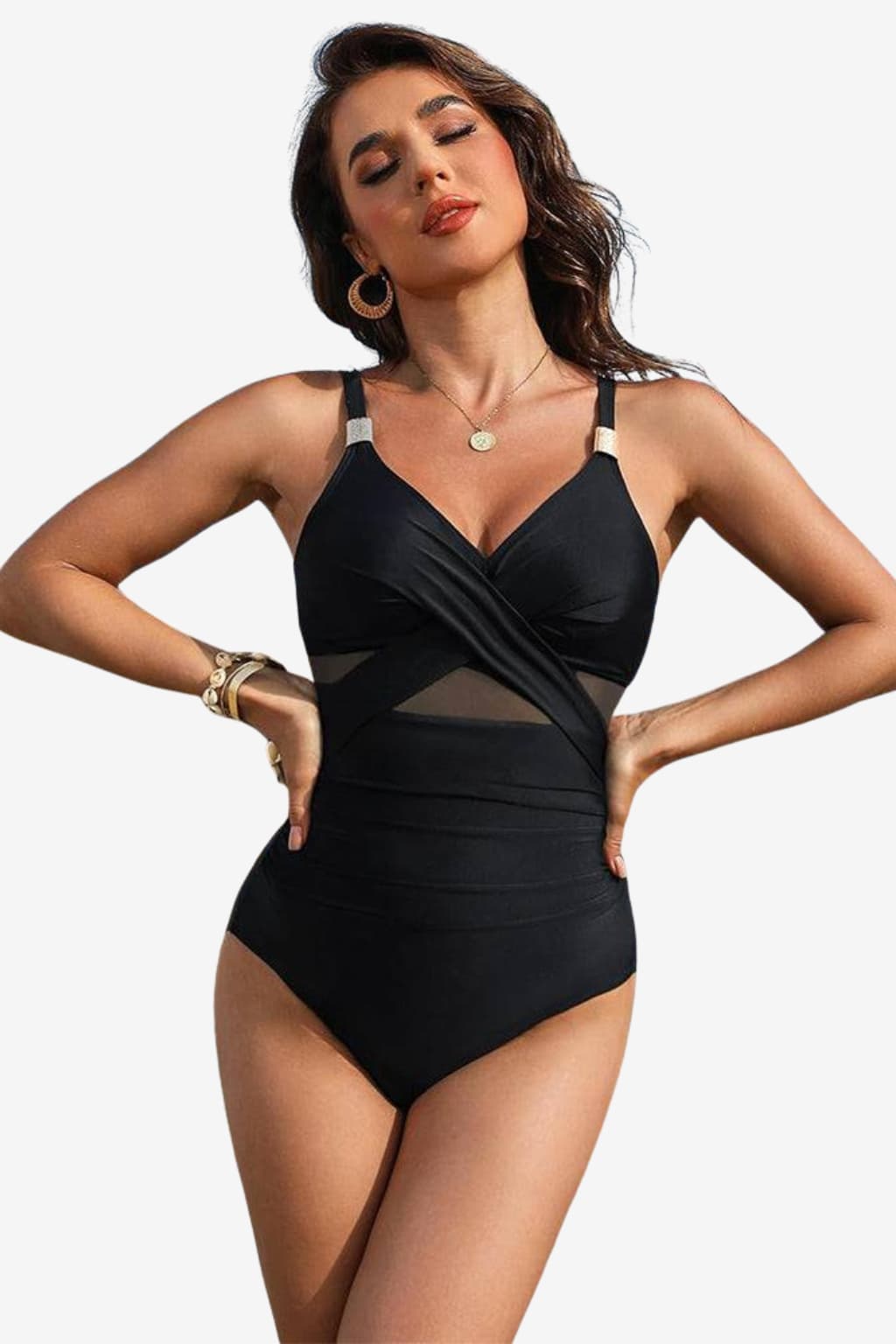 Women's One-Piece V-Neck Mesh Swimsuit with Gold Accents