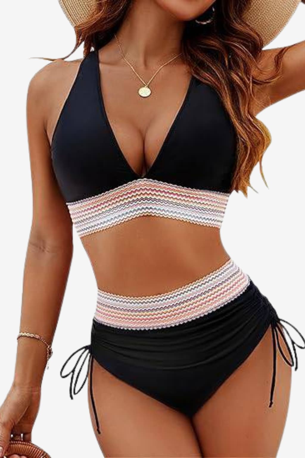 Women's High-Waisted Halter Bikini Set with Striped Detail