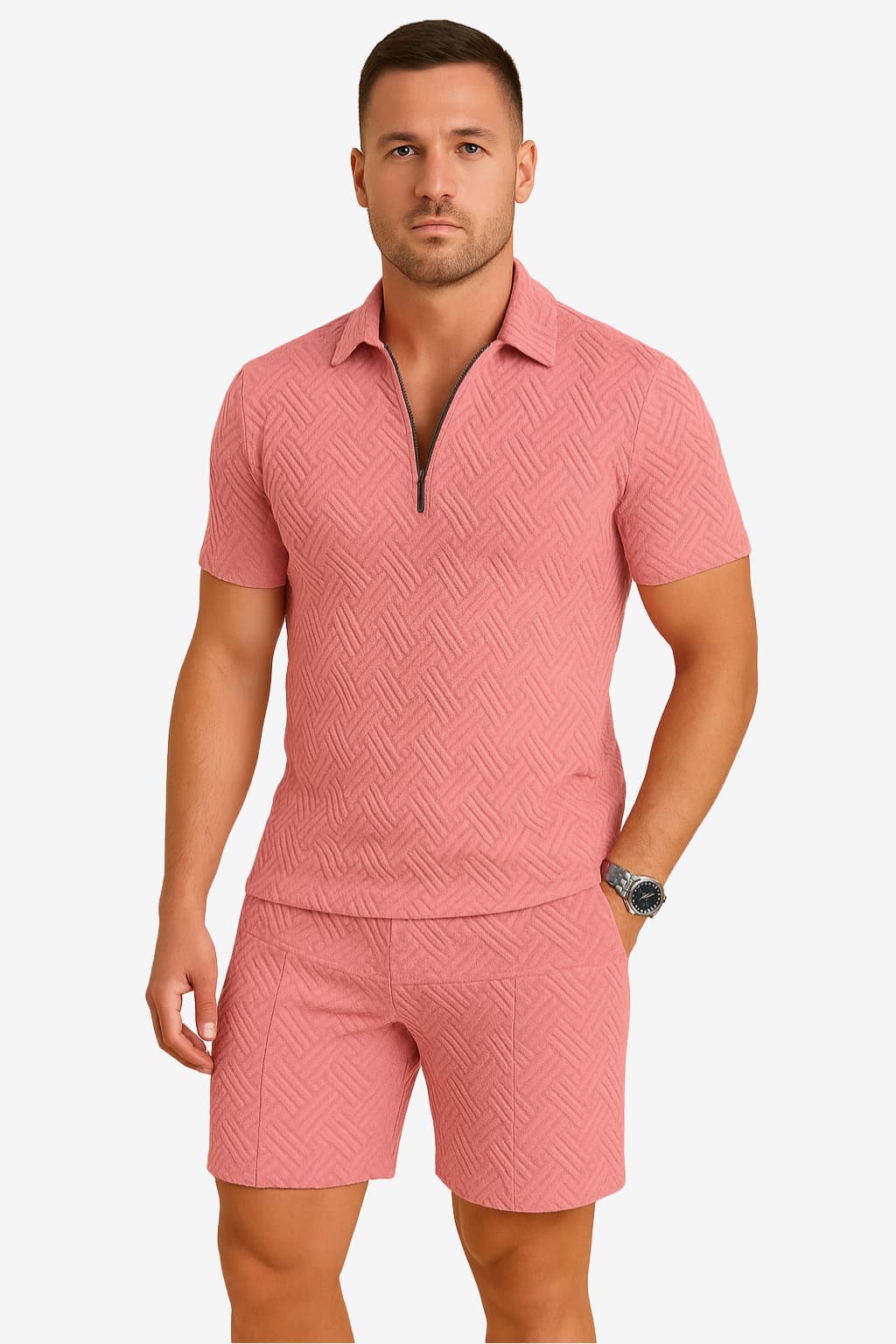 Men’s Summer Short Set Zip-Up Top Geometric Print