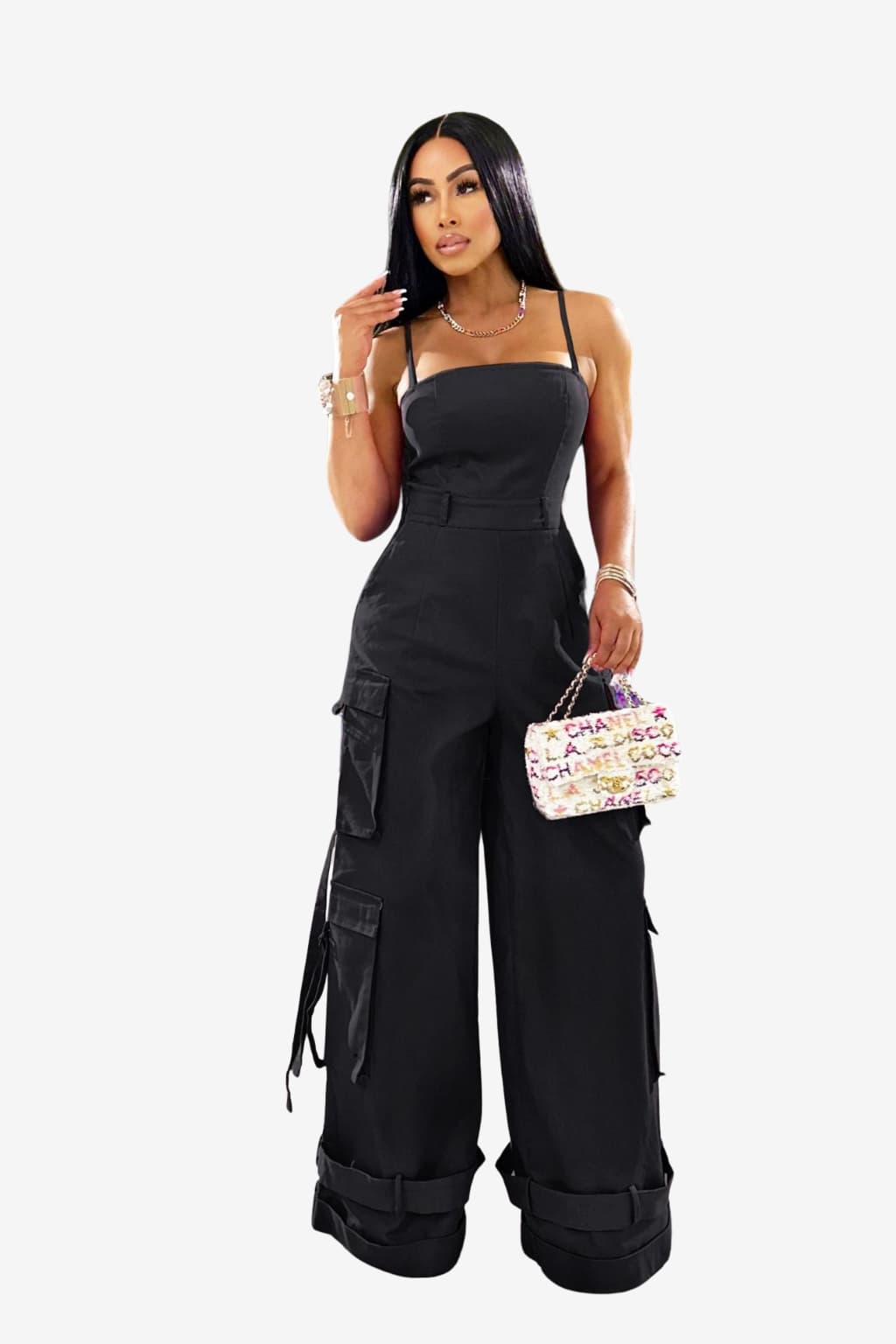 Women's Wide-Leg Cargo Jumpsuit with Spaghetti Straps