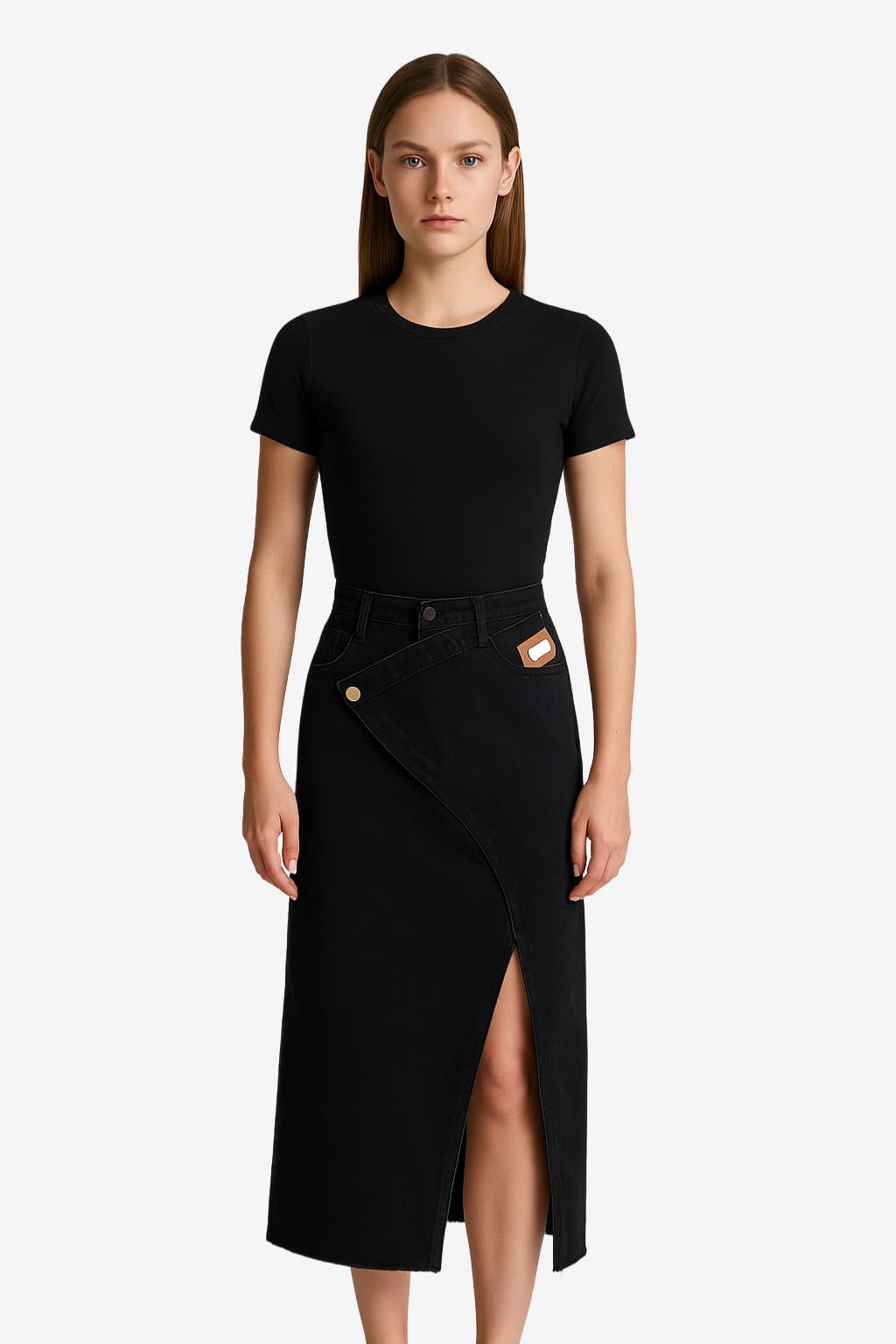 Women's Denim Wrap Midi Skirt with Front Slit