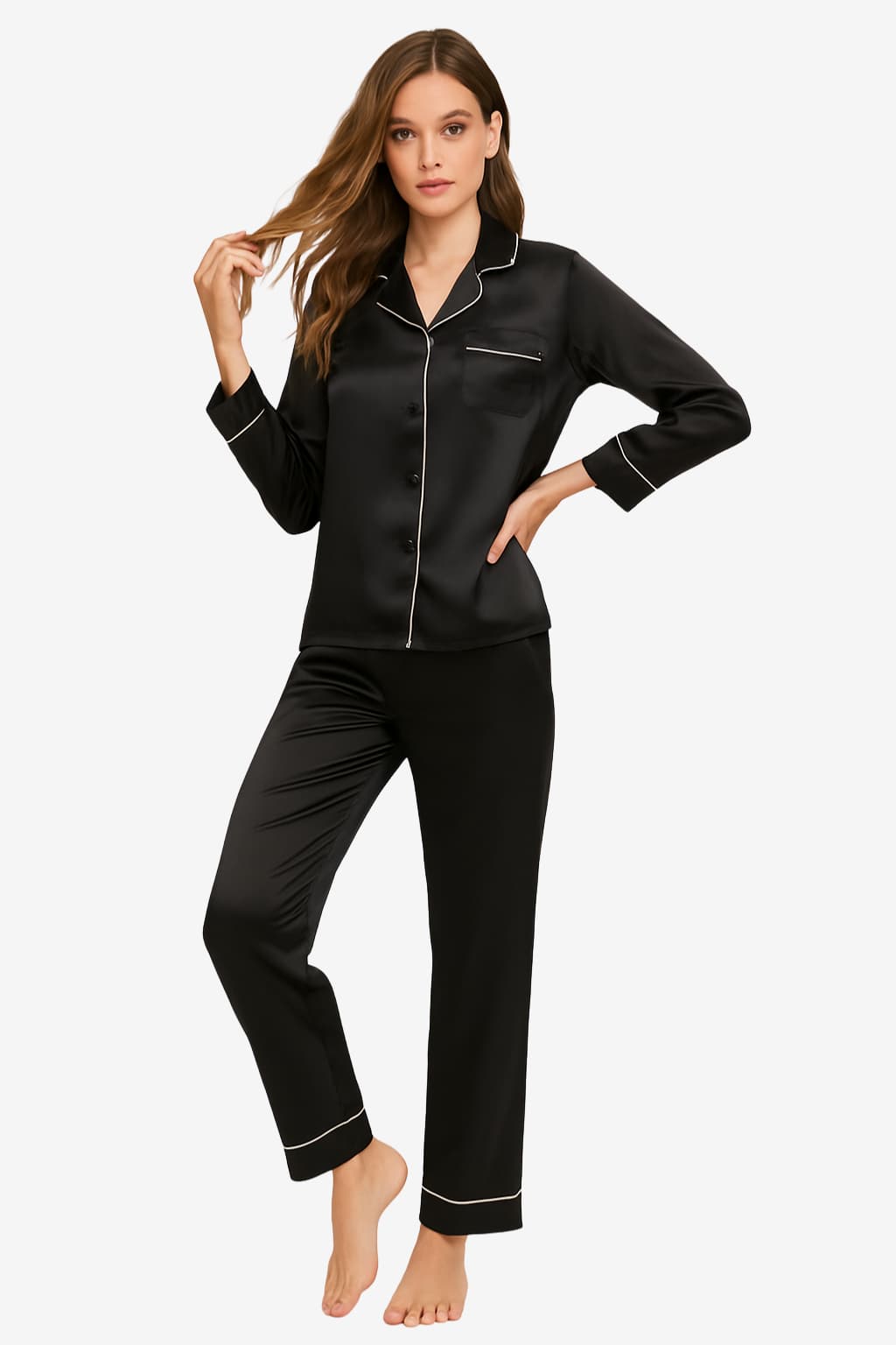 Women's Satin Long-Sleeve Pyjama Set with Piping