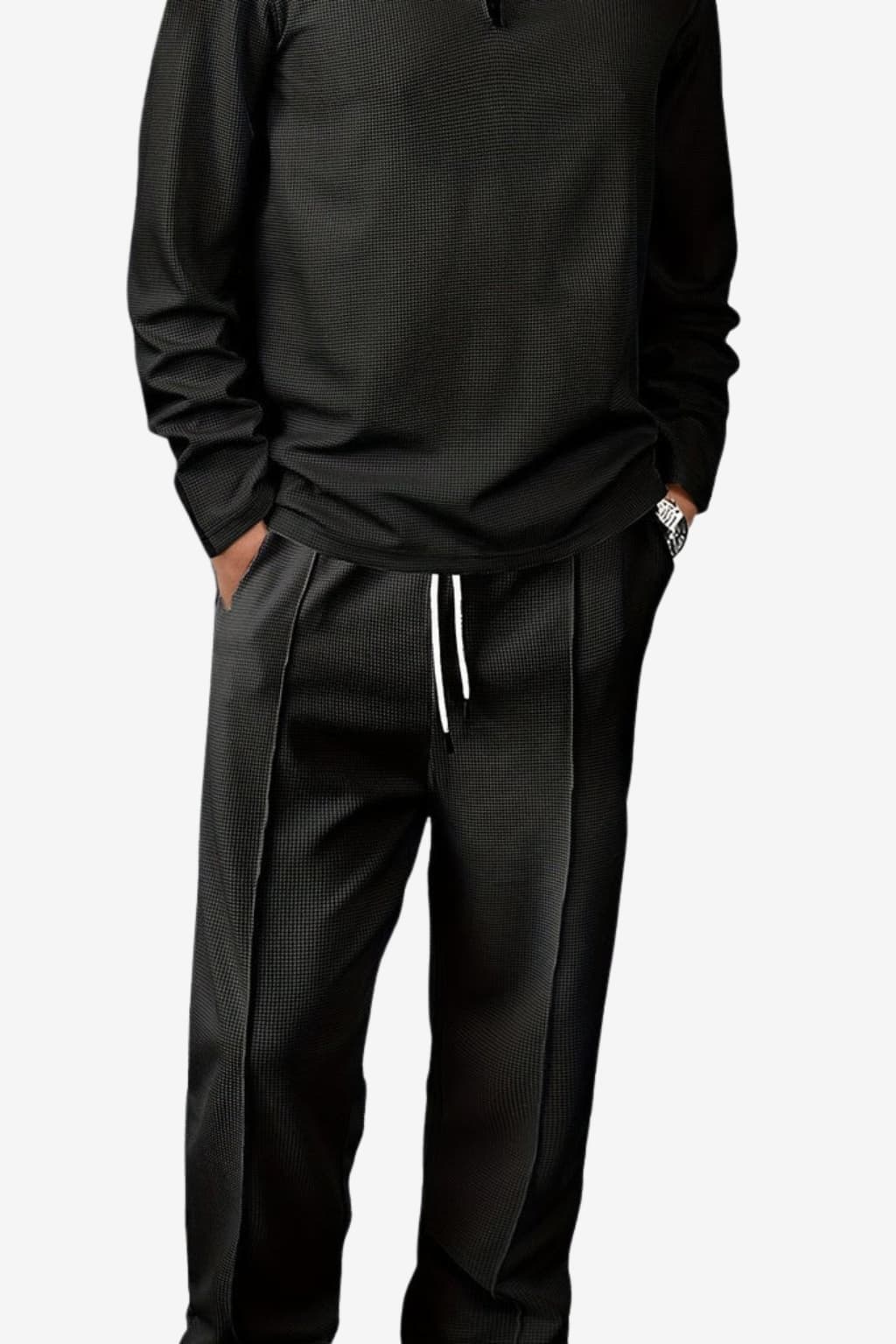 Men's Beige 2-Piece Knit Set - Long-Sleeve Sweater &amp; Drawstring Trousers