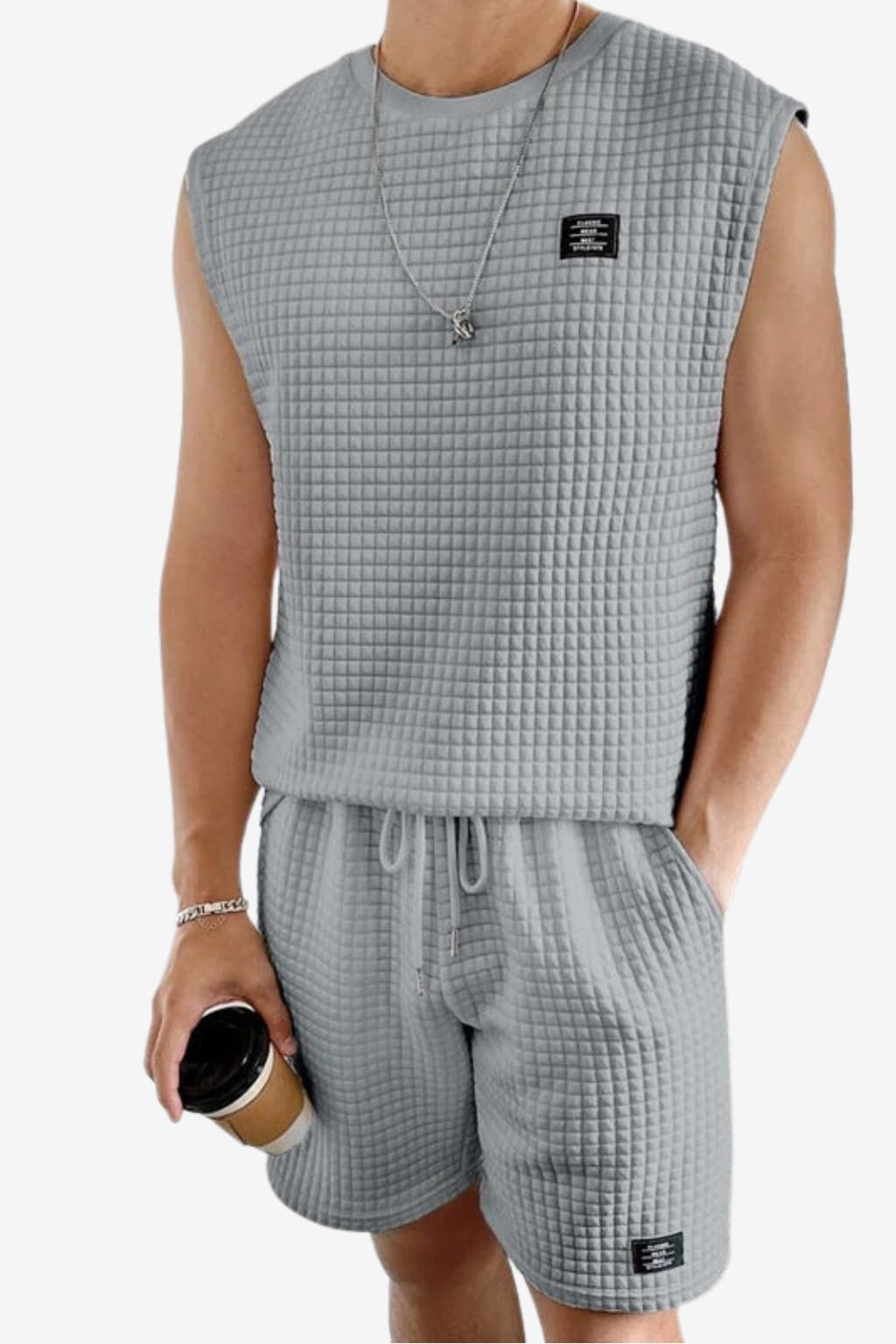 Men’s Sleeveless Two-Piece - Lounge Set with Waffle Texture