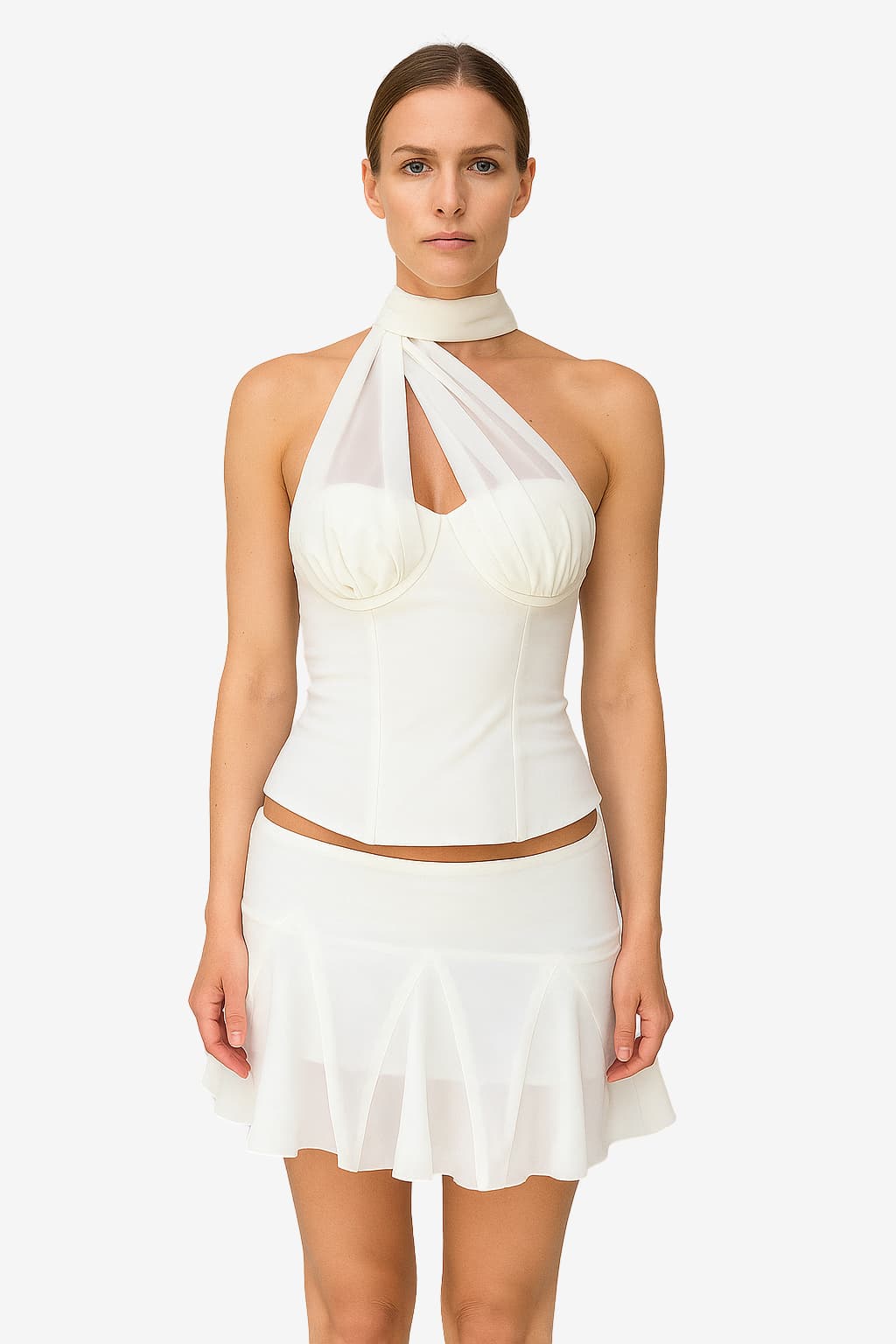 Women's White Mesh Halter Top &amp; Pleated Skirt Set