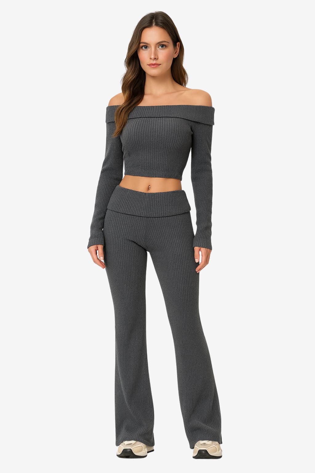 Women's Off-Shoulder Crop Top &amp; Flare Pants Lounge Set