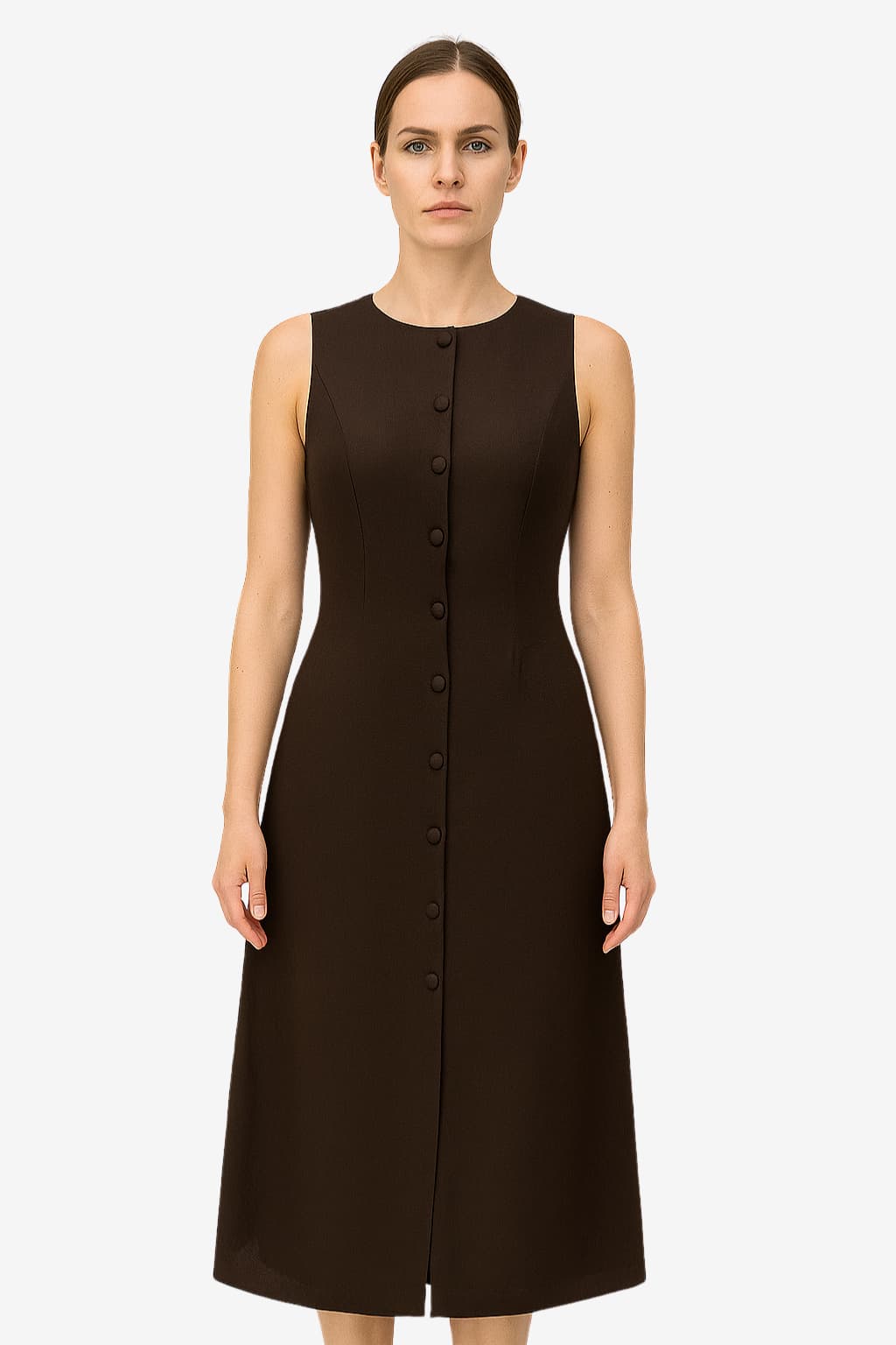 Women's Brown Sleeveless Midi Dress Fitted Button-Front