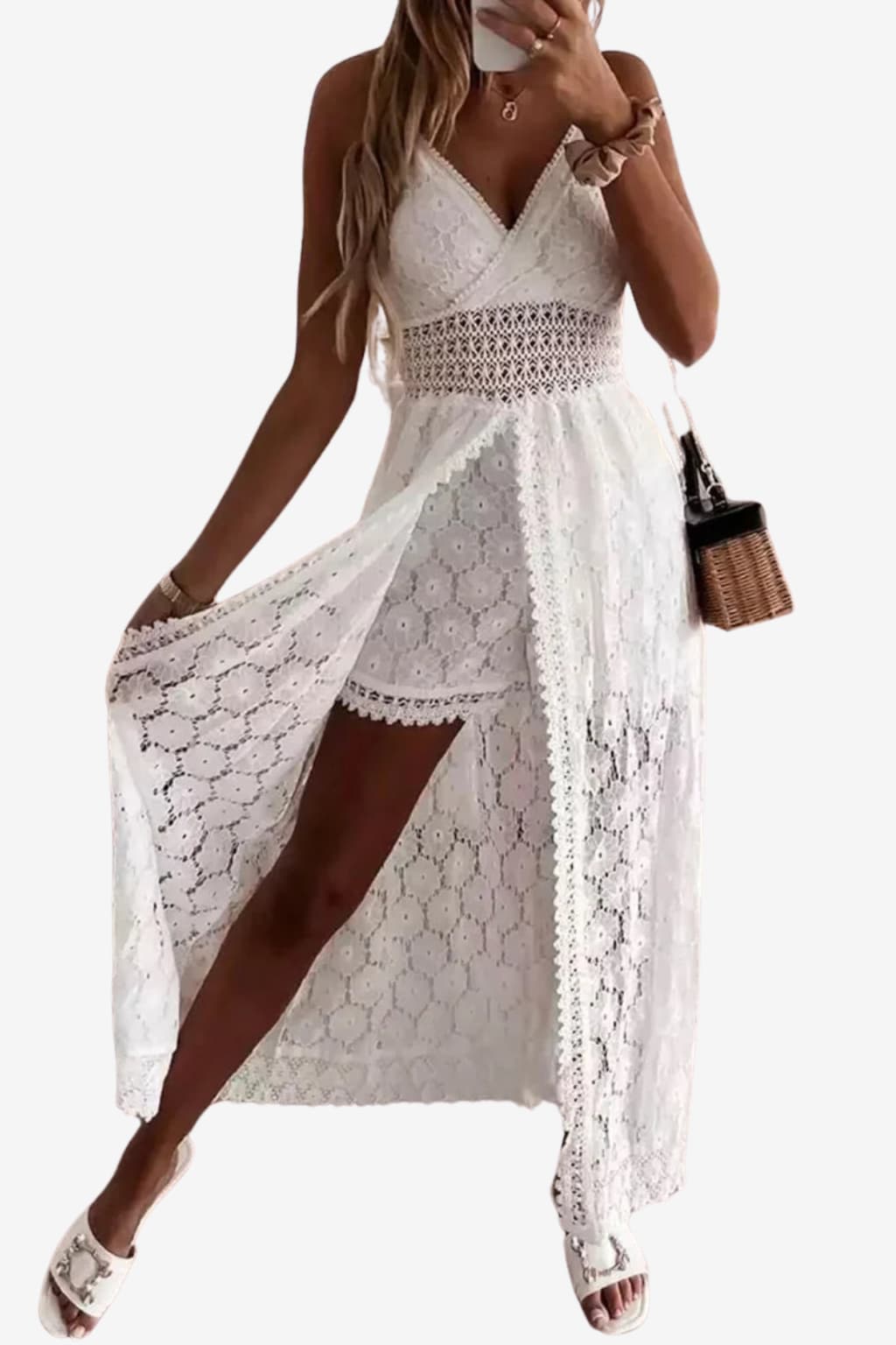 Women’s Lace Maxi Dress with Slit and Spaghetti Straps