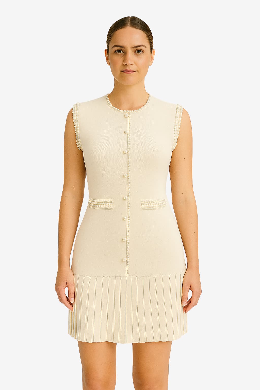 Women's Knit Sleeveless Pearl Trim Khaki Fitted Dress