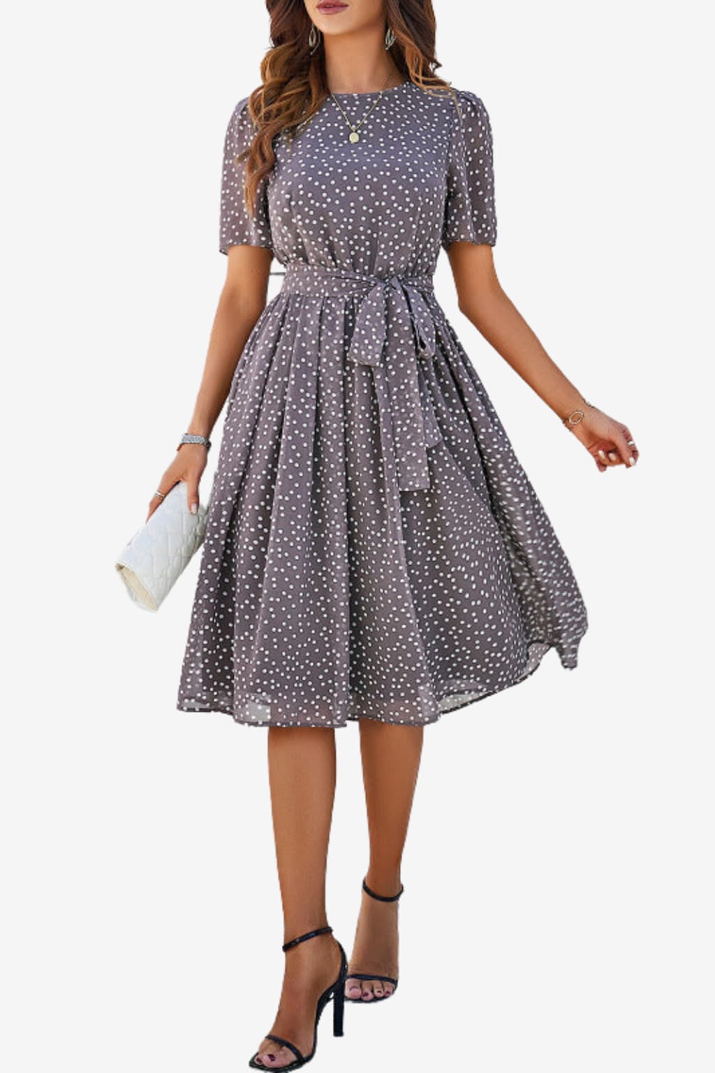 Women’s Polka Dot Midi Dress Short Sleeve Tie Waist