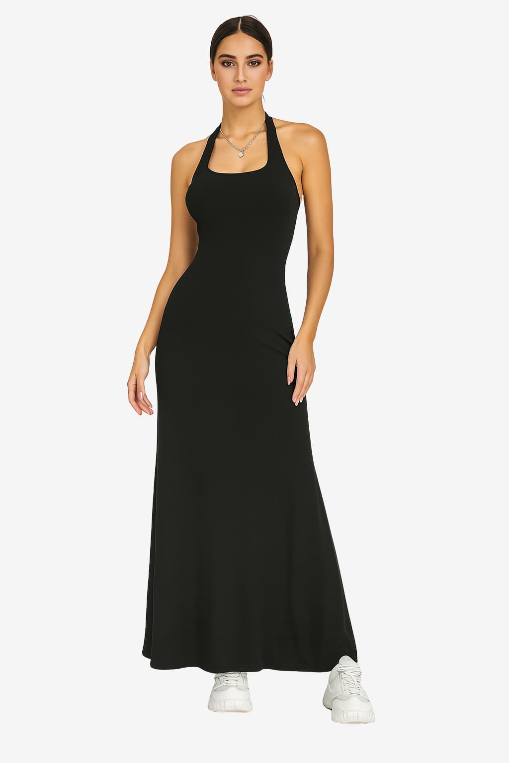 Women's Halter Maxi Dress Open Back A-Line Summer Black