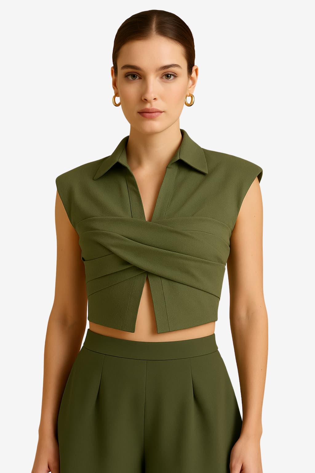 Women’s Linen Ruched Wrap Crop Top Sleeveless Collared