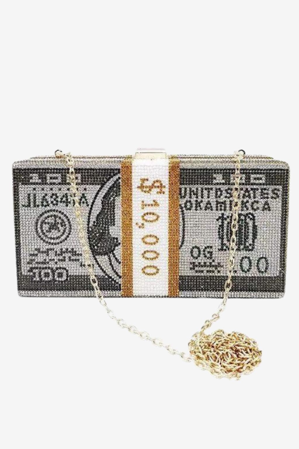 Women's Rhinestone US Dollar Clutch Bag with Chain Strap