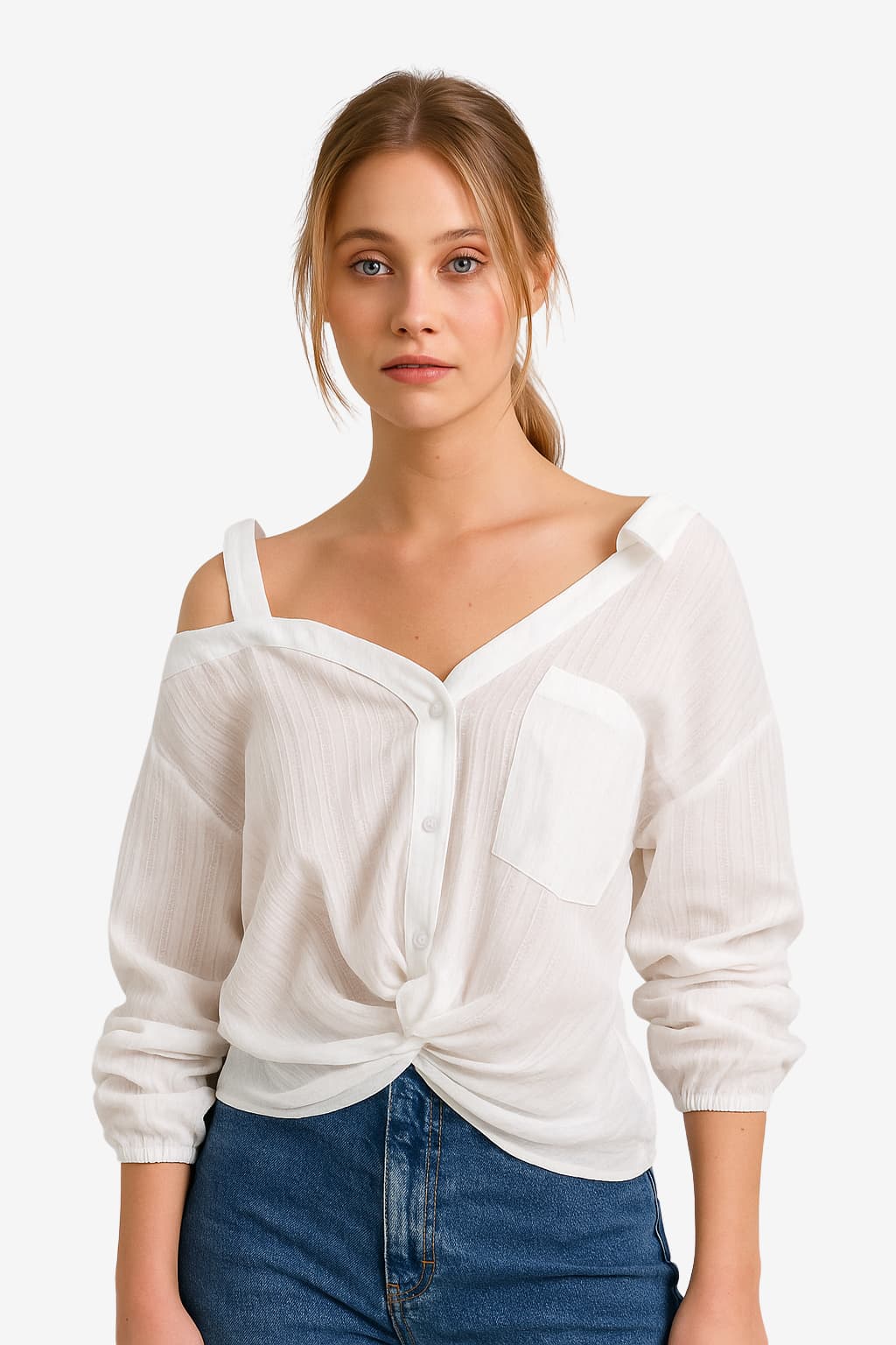Women's Off-Shoulder Long-Sleeve Casual Shirt with Tie-Front