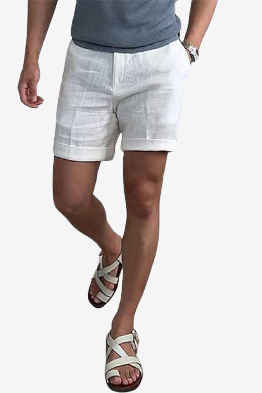 Men's Linen Shorts Relaxed Fit Mid-Thigh Cuffed Hem Casual