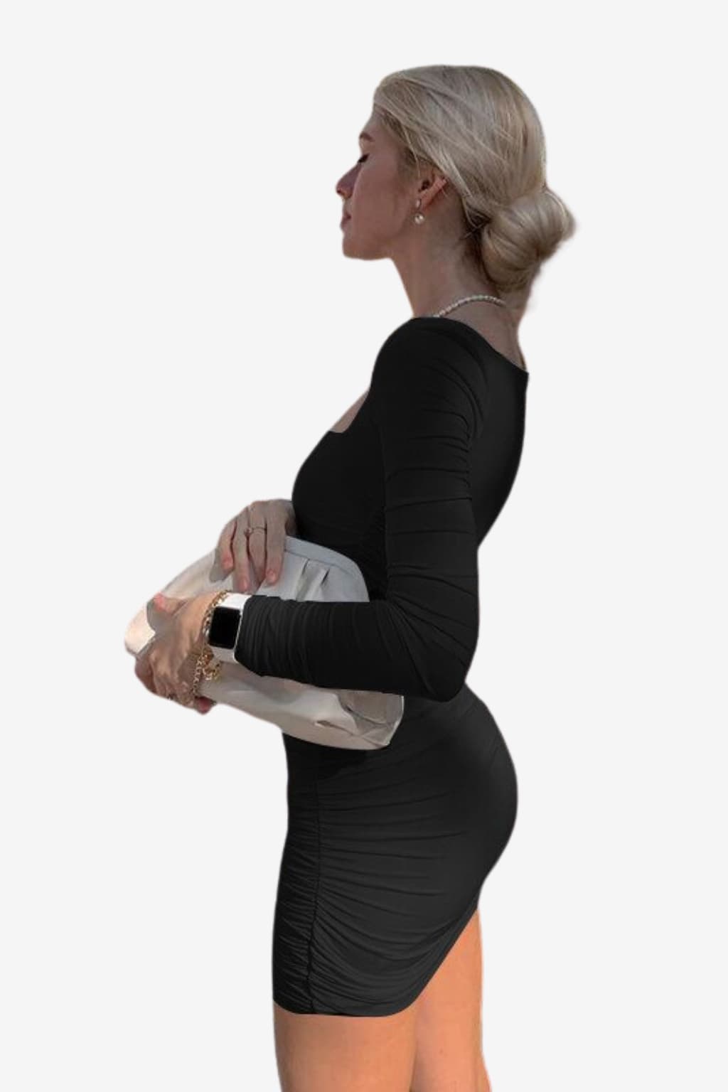 Women’s White Bodycon Mini Dress Long Sleeve Ruched