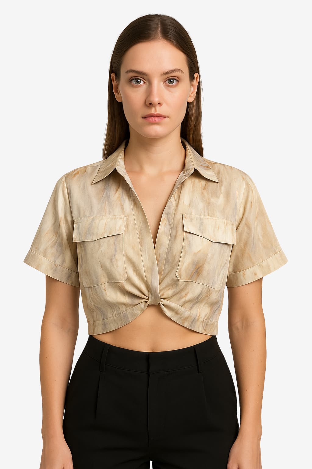 Women's Marble Print Cropped Shirt, Short Sleeve, Tie Front