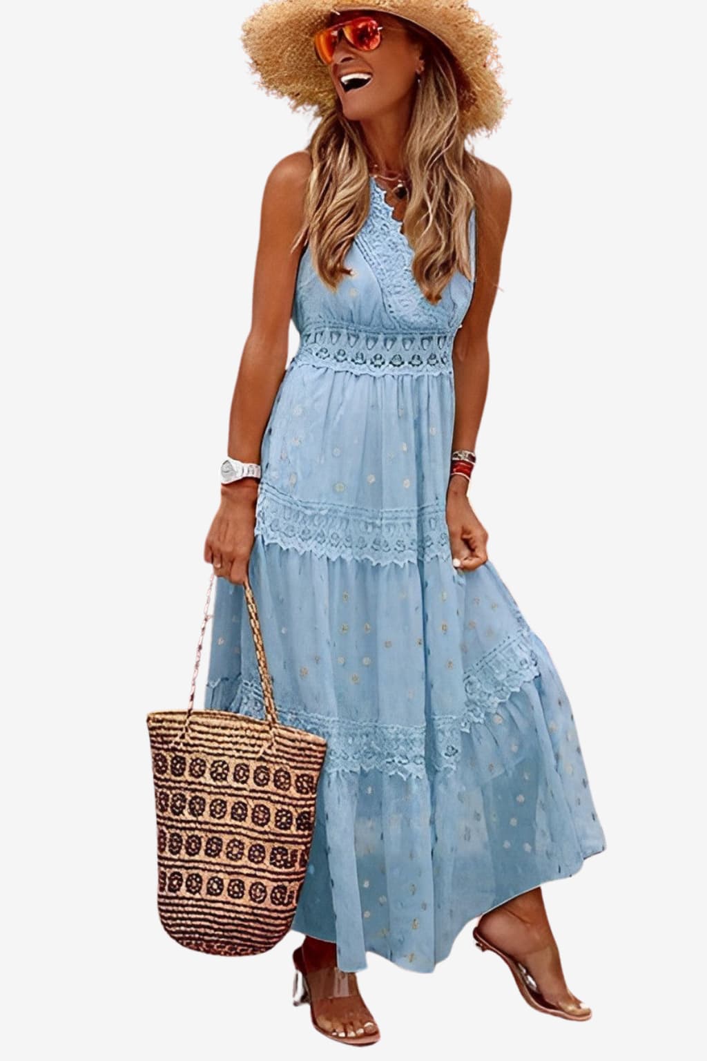 Women’s Sleeveless Boho Maxi Dress with Lace Detail