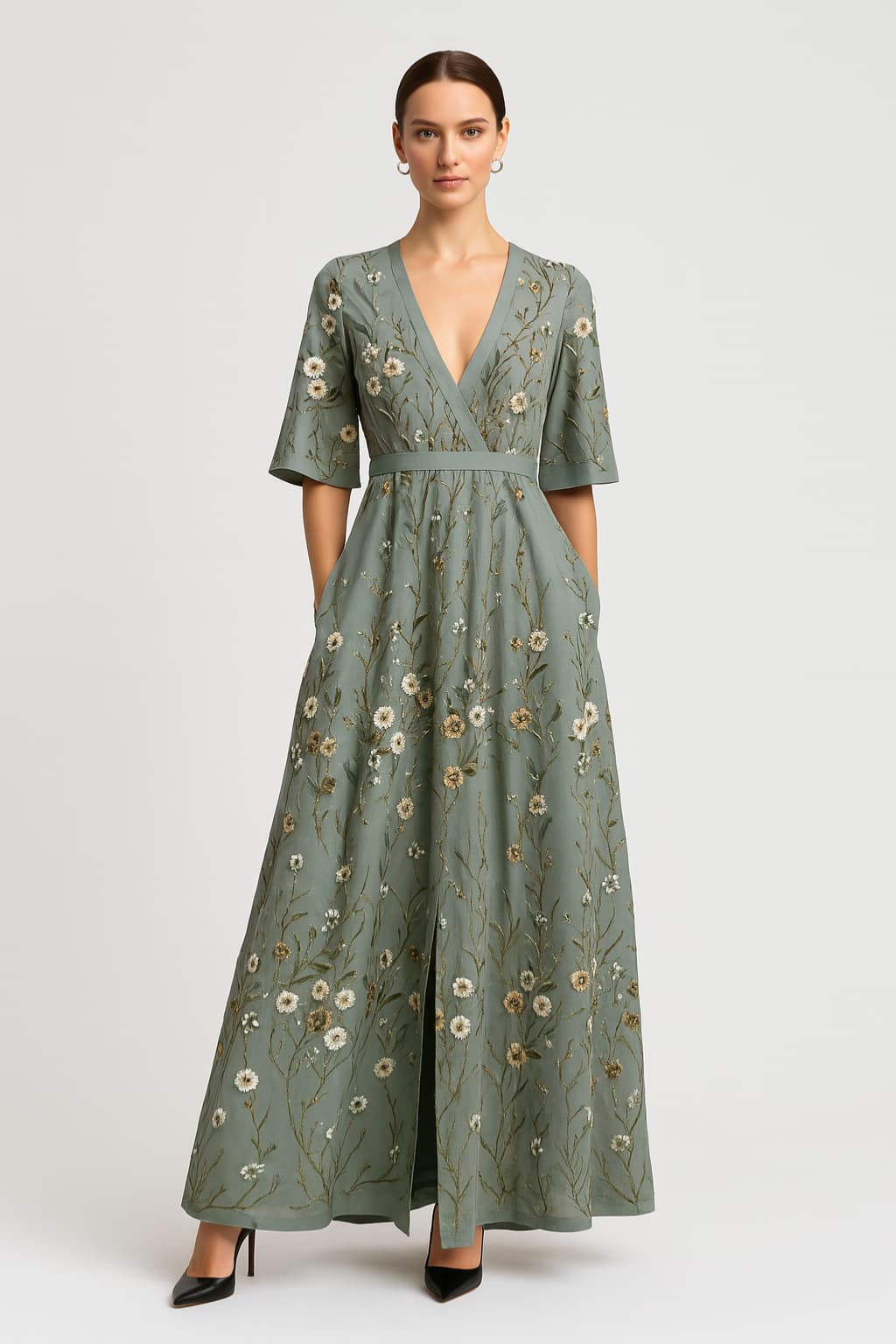 Women's Floral V-Neck Maxi Dress A-Line Fit Light Blue