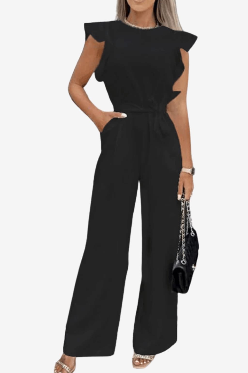 Women’s Wide Leg Jumpsuit with Belt and Cap Sleeves