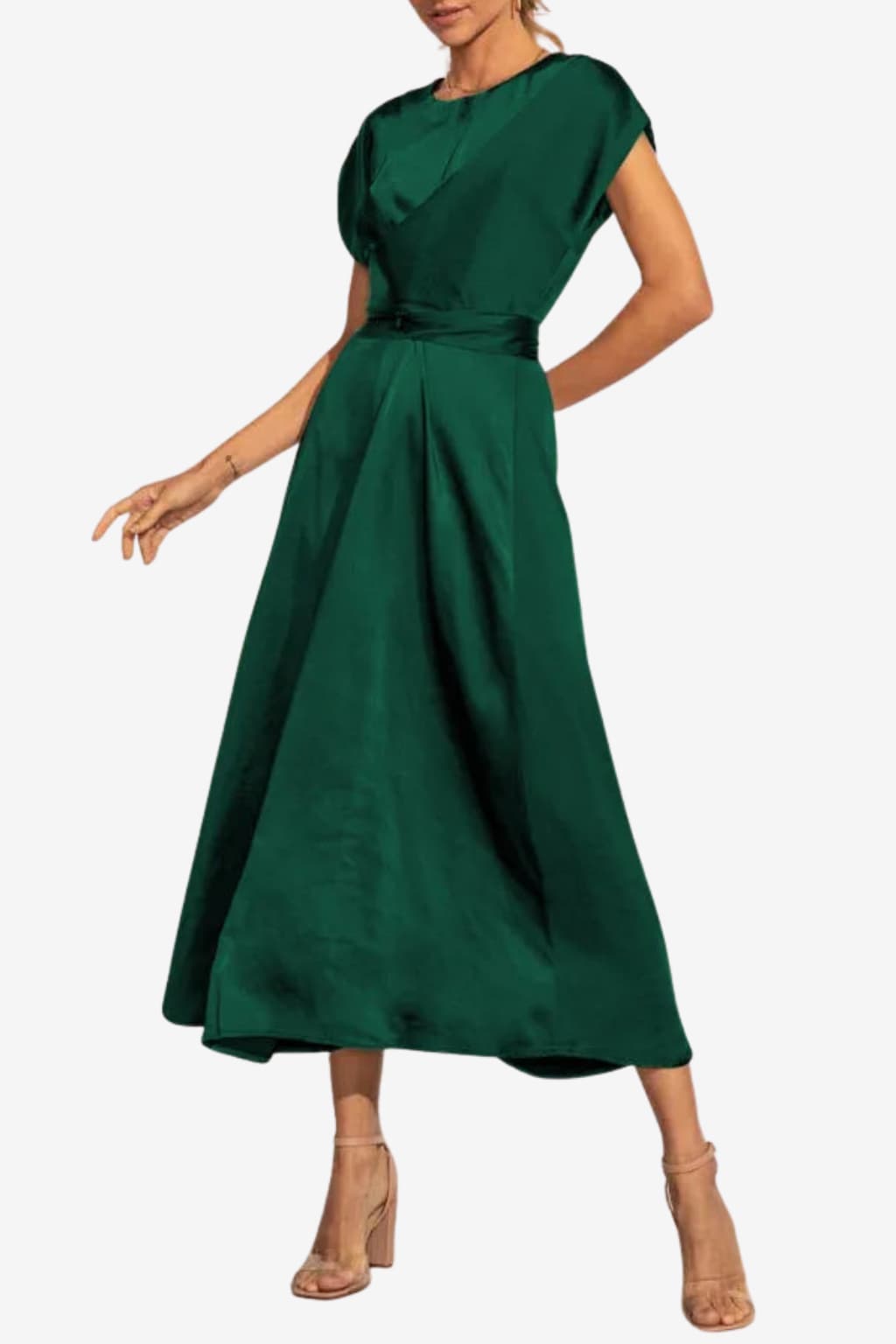 Women’s Satin Midi Dress Asymmetric Neckline Flowy Fit