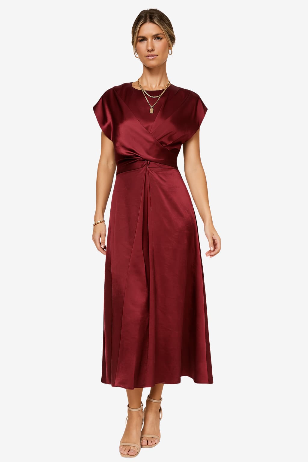 Women’s Satin Midi Dress Asymmetric Neckline Flowy Fit
