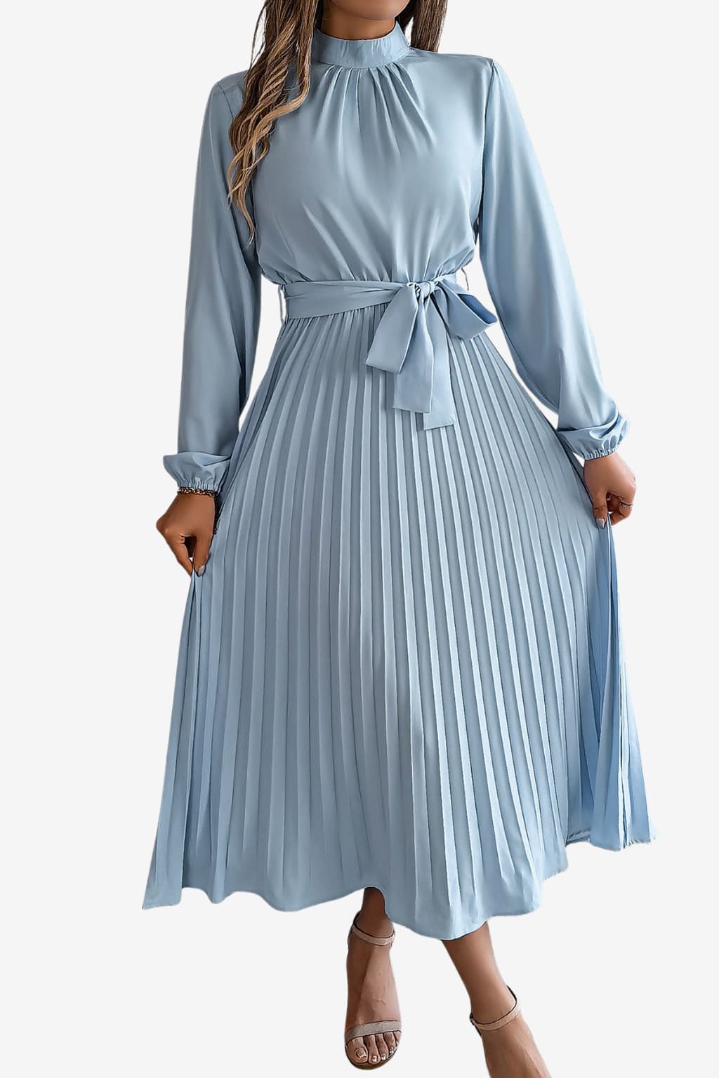 Women’s Long Sleeve Pleated Midi Dress with Belt