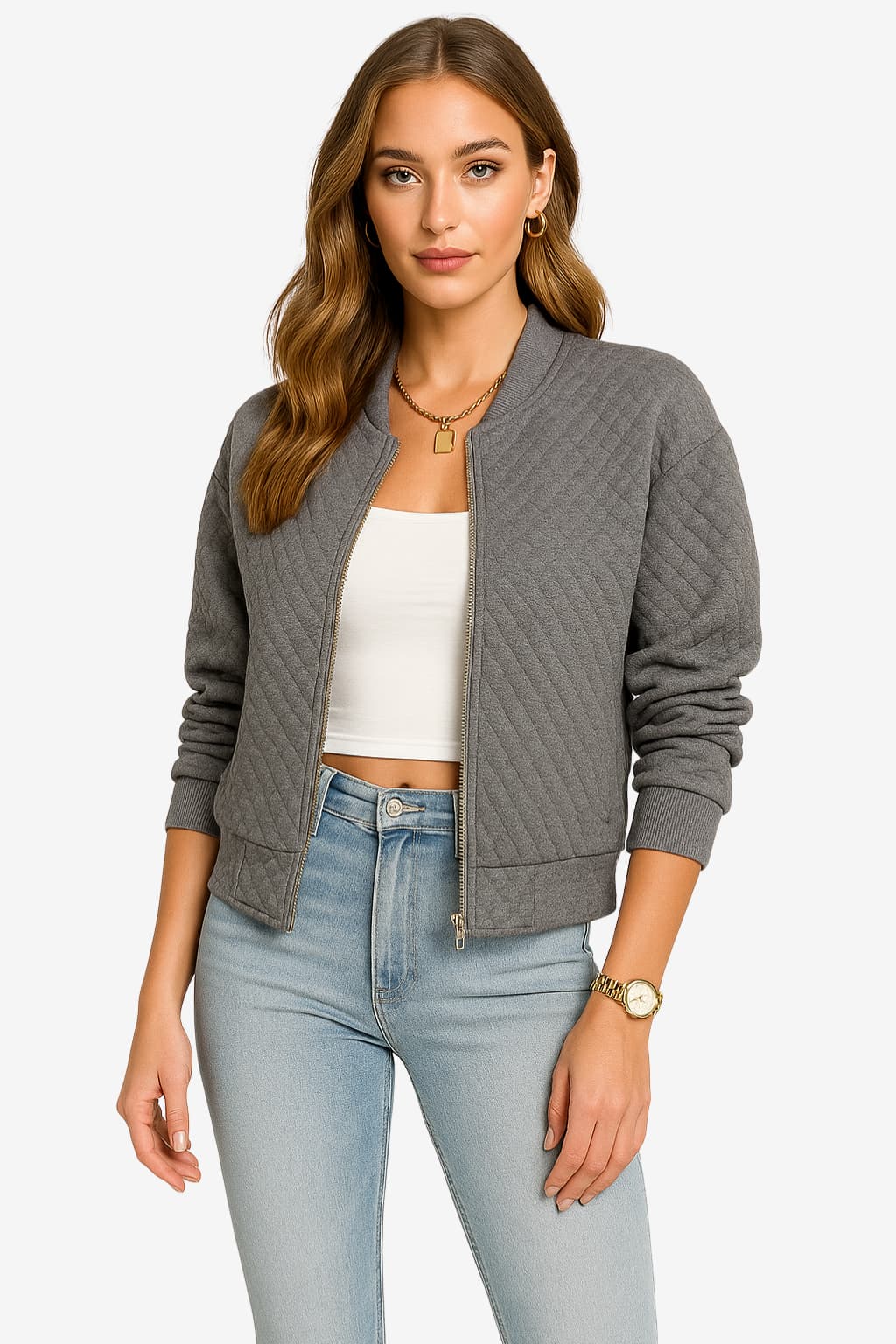 Women’s Quilted Bomber Jacket Lightweight Zip Front