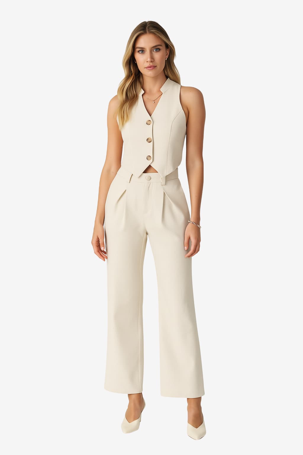Women's Beige Sleeveless Vest and Wide-Leg Trousers Set