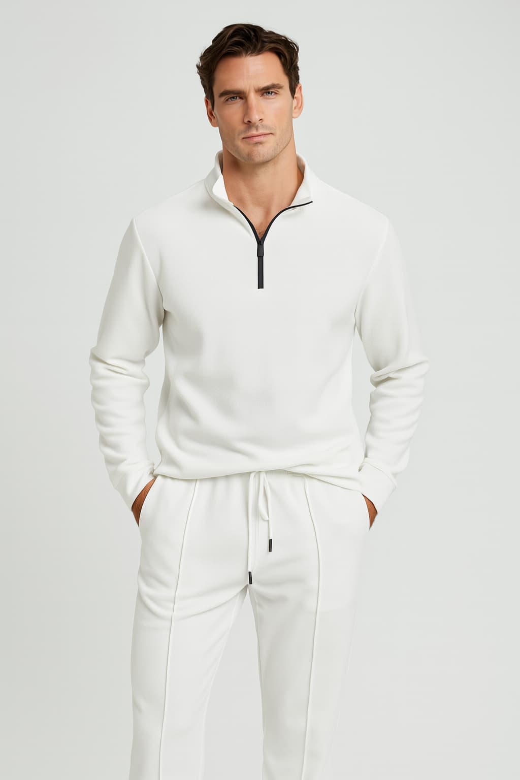 Men's Beige 2-Piece Knit Set - Long-Sleeve Sweater &amp; Drawstring Trousers