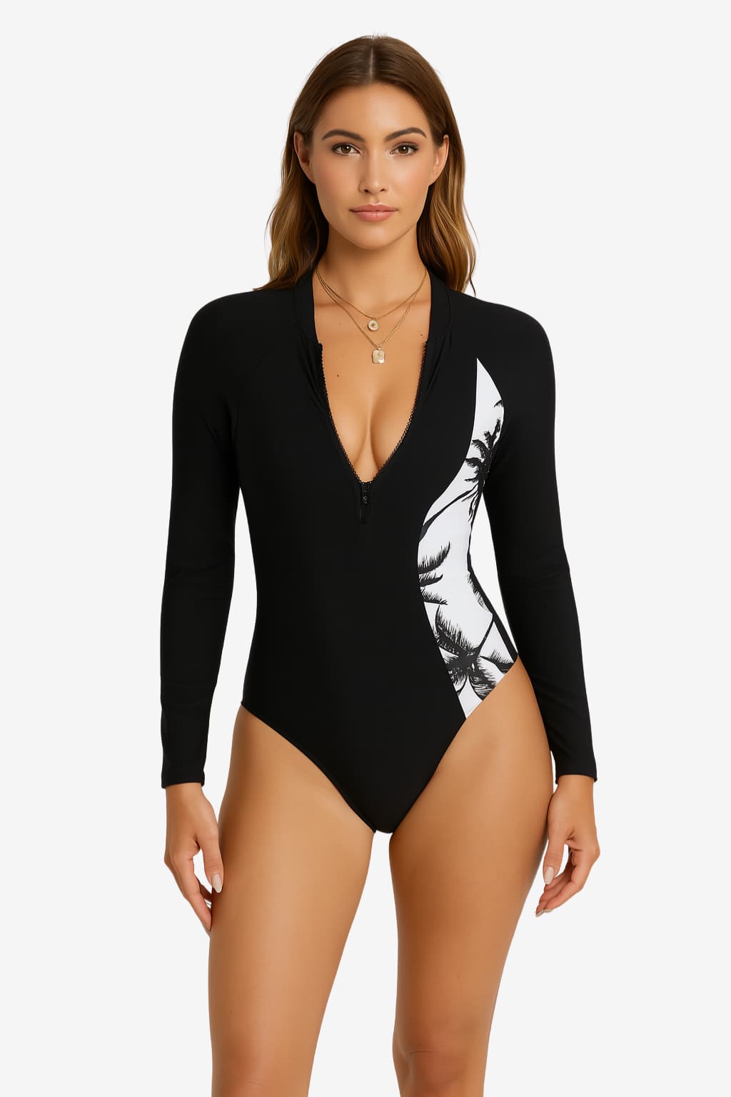 Women's Long Sleeve Swimsuit with Zipper and Palm Print