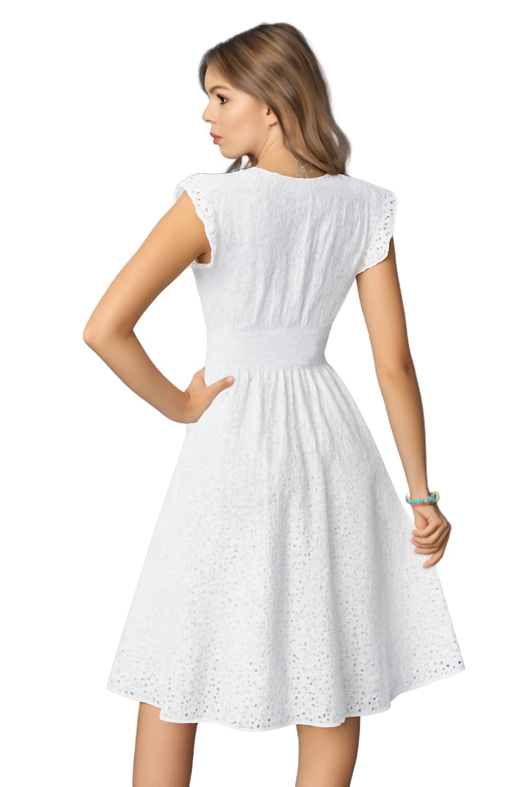 Women's White Eyelet Embroidered Sleeveless Midi Dress