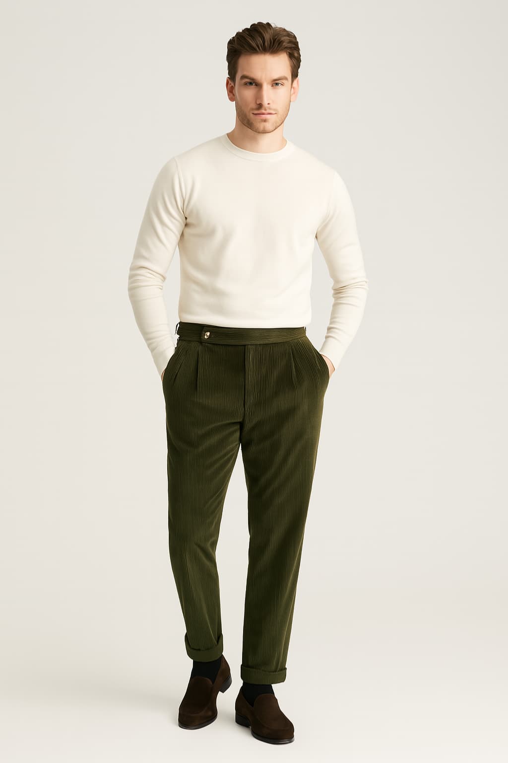 Men's Classic Corduroy Pleated Trousers High-Waisted Wide Leg
