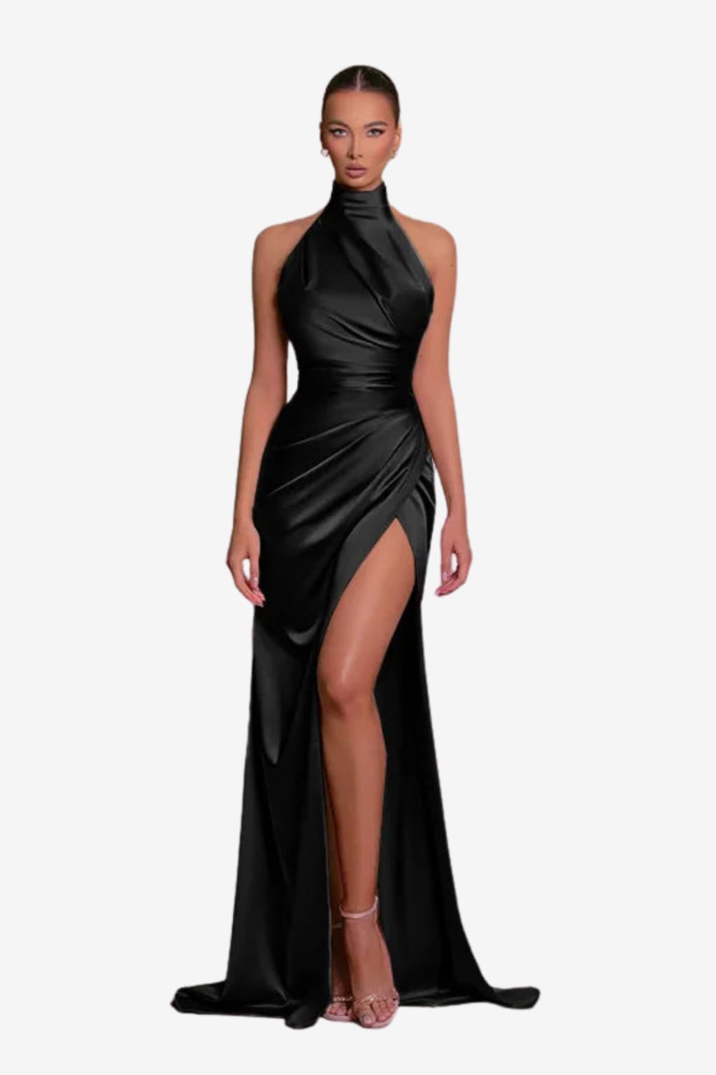 Women’s Satin Evening Dress with Slit and High Neck