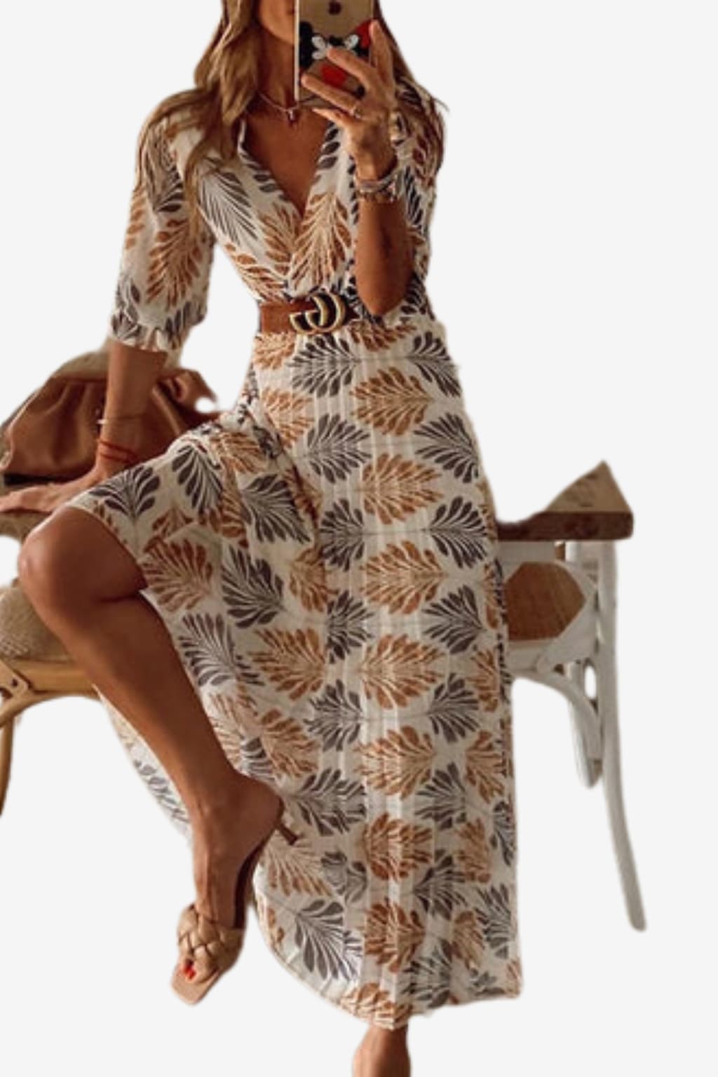 Women's Leaf Print V-Neck Maxi Dress with Belt