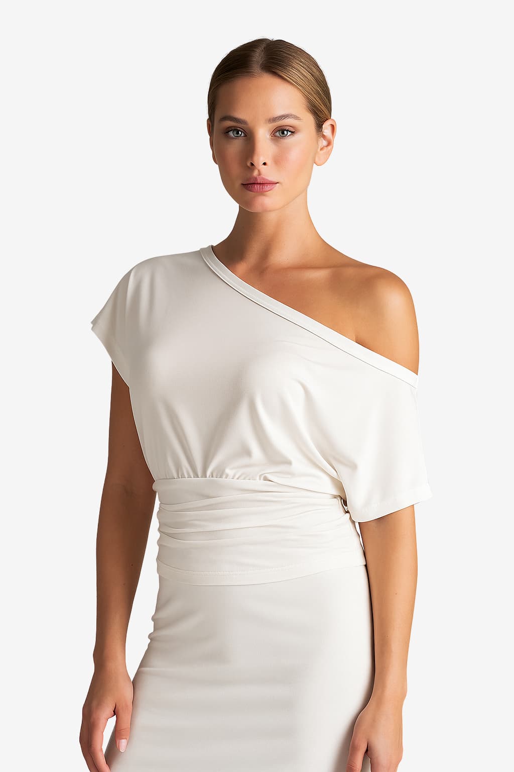 Women's One-Shoulder Short Sleeve White Jersey Top, Fitted, Casual