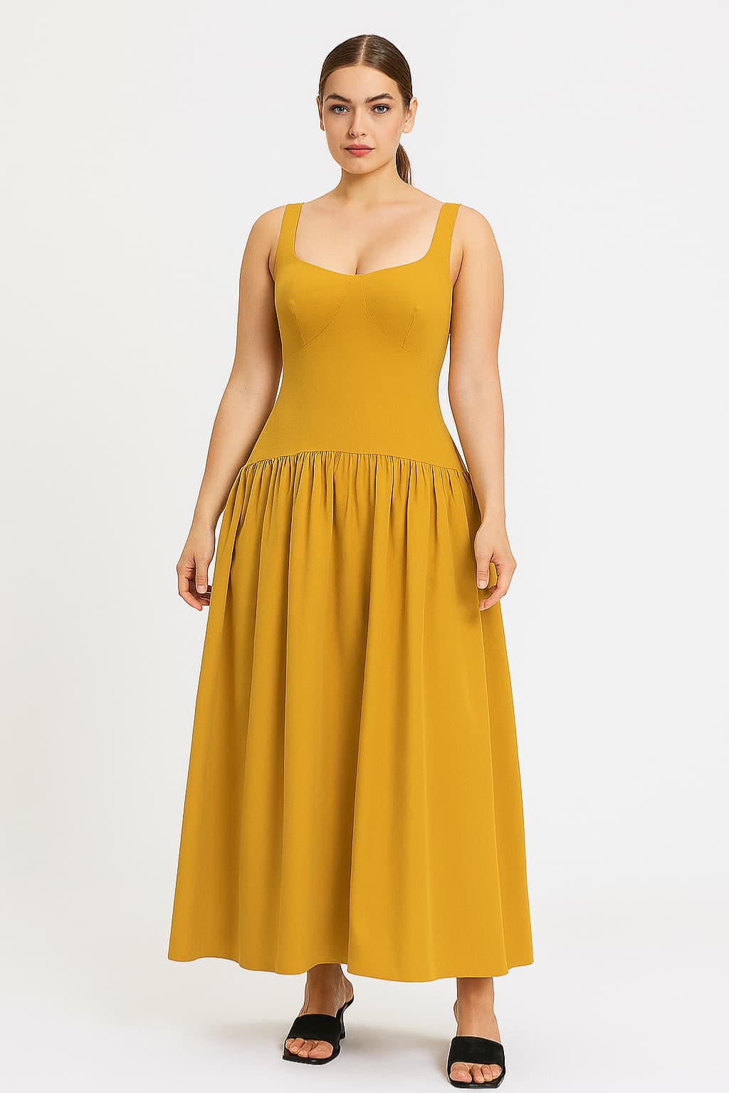 Women's Mustard Yellow Sleeveless Midi Dress Scoop Neck