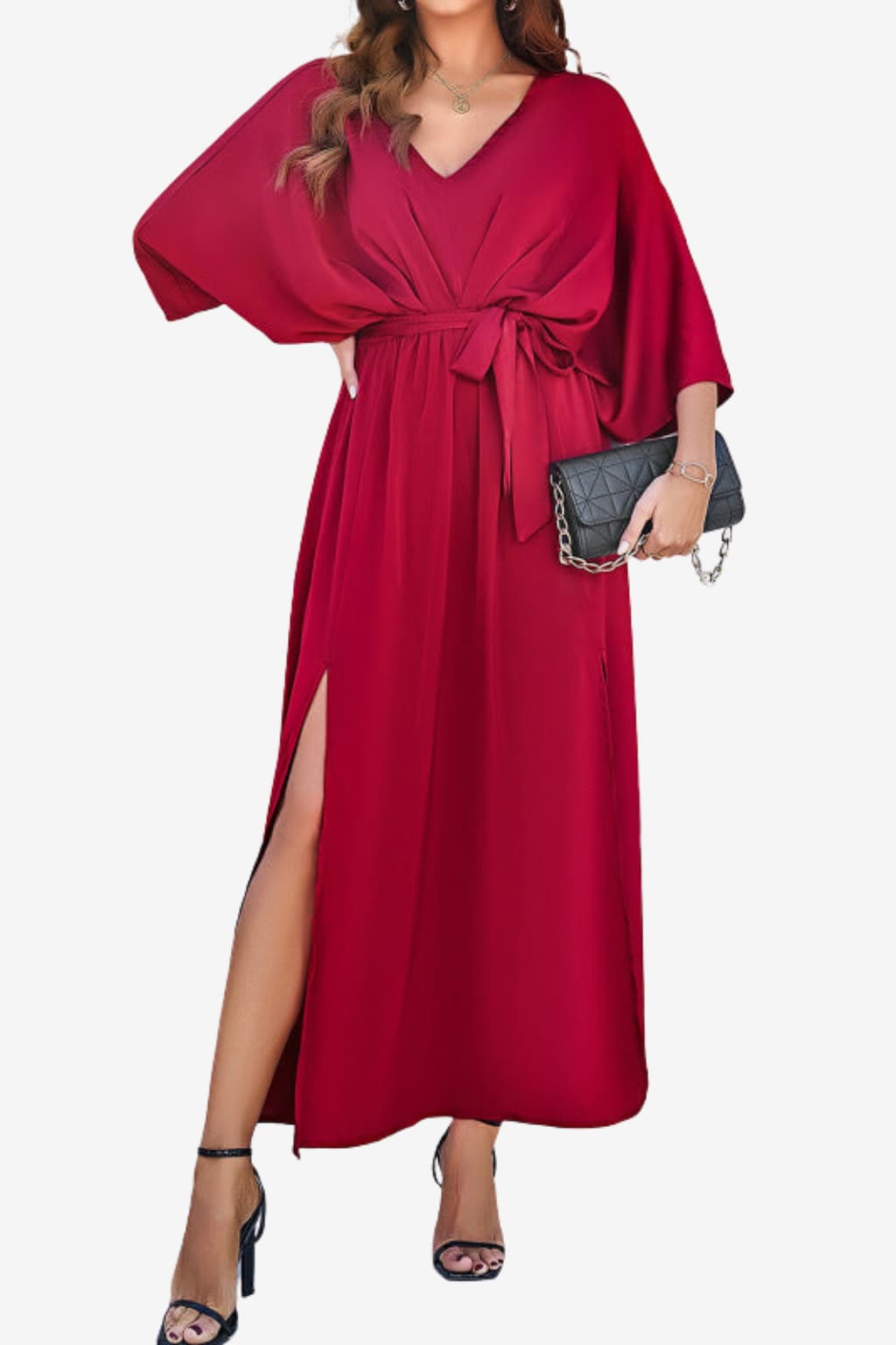 Women's Maxi Dress with V-Neck, Tie Waist, and High Slit