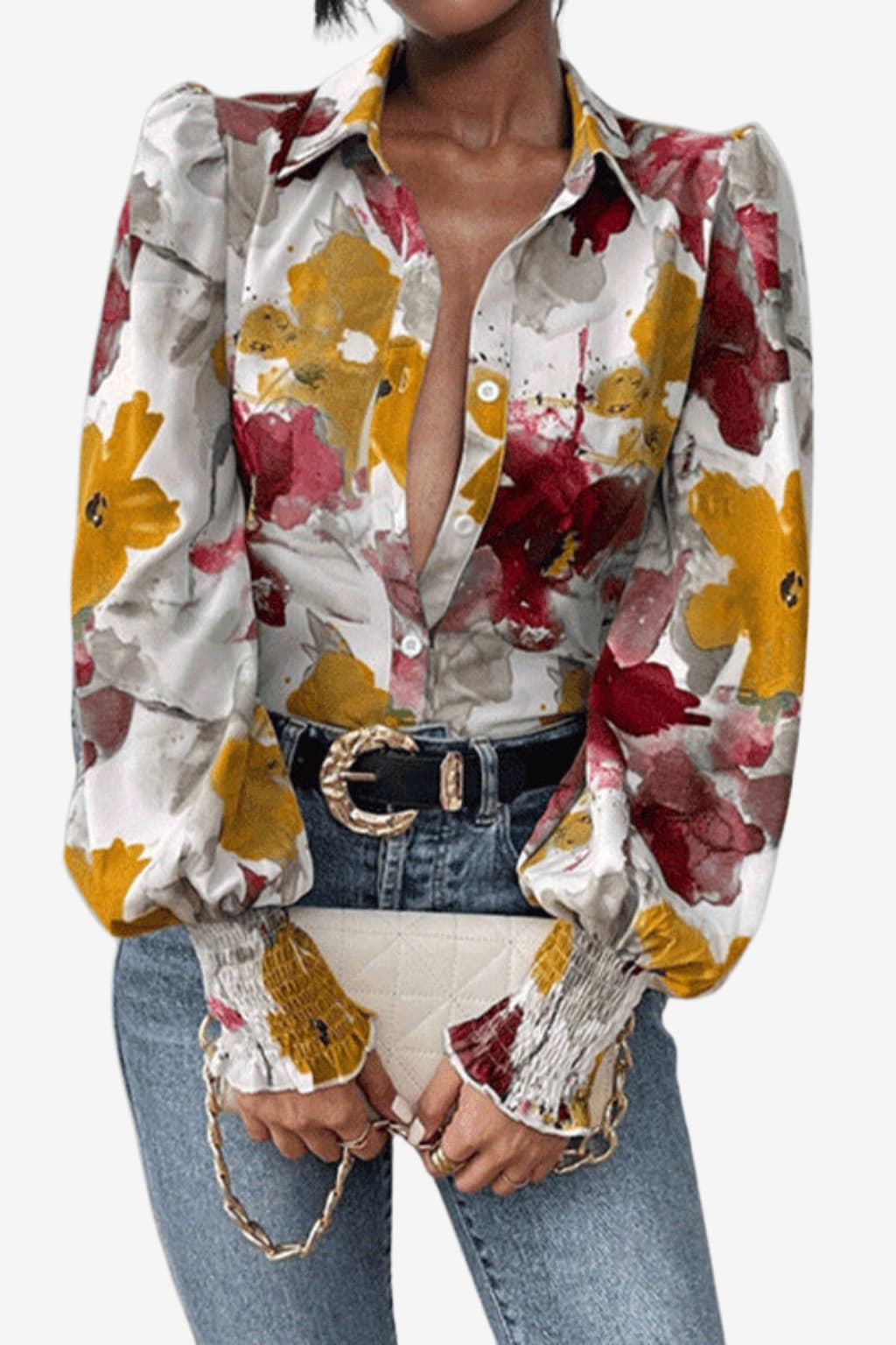 Women’s Floral Button Shirt Puff Sleeve Oversized Fit