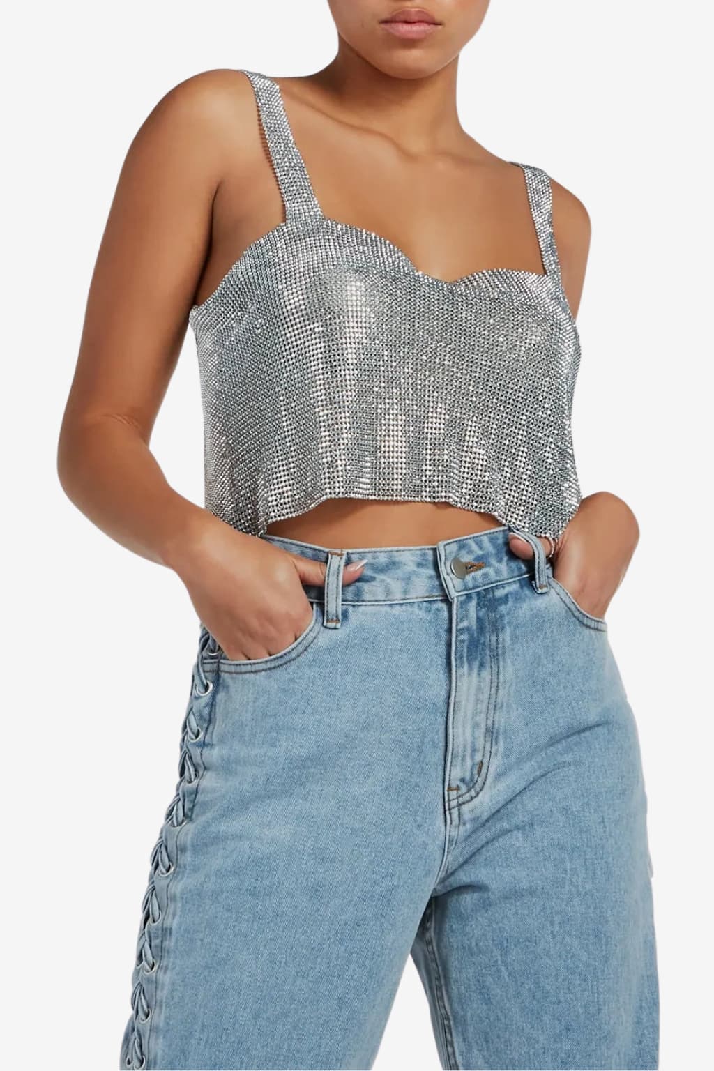 Women’s Silver Sequin Crop Top Sleeveless Party Wear